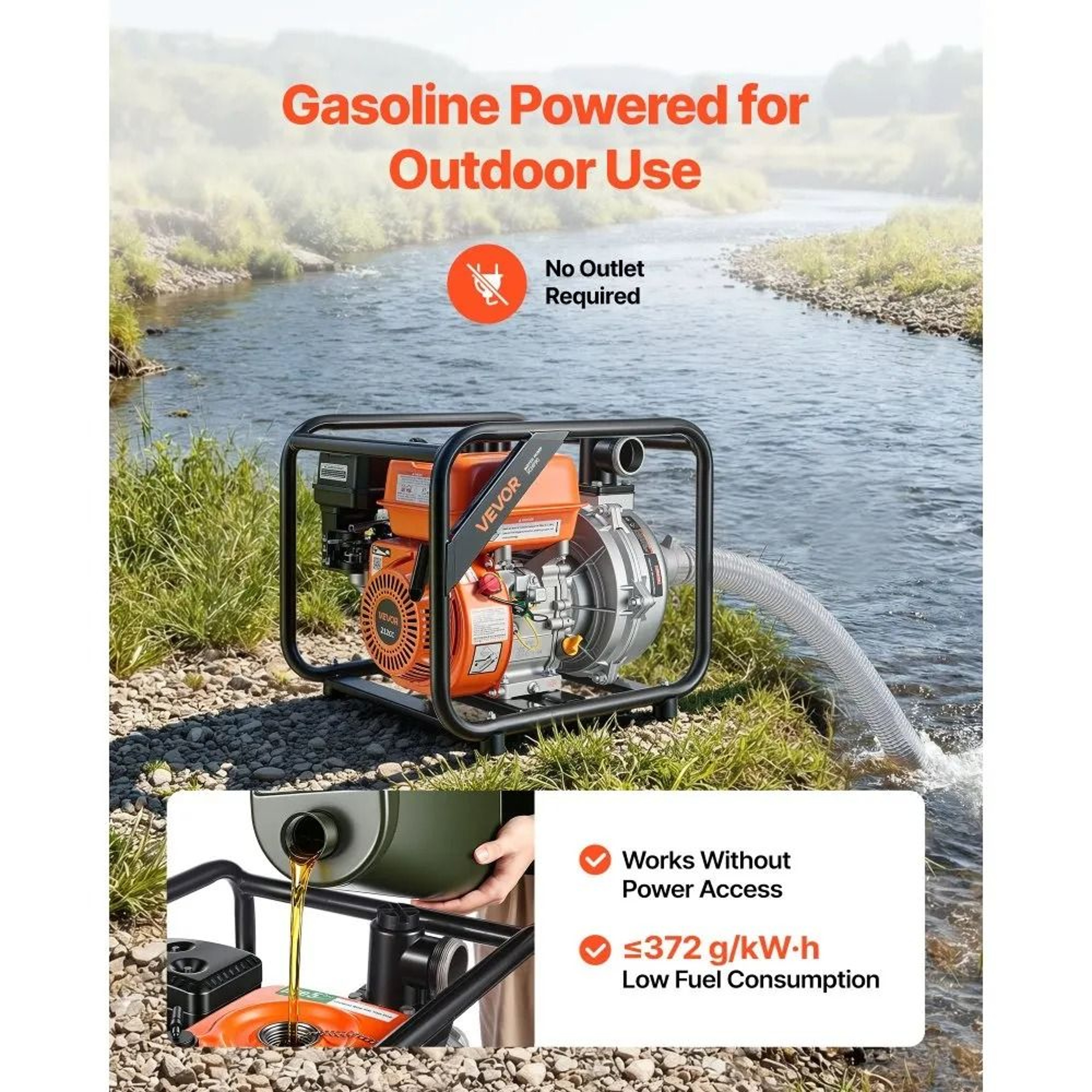 6HP Gas Powered Water Pump 2 Inch 128 GPM Semi Trash Transfer Pump With Hose 4