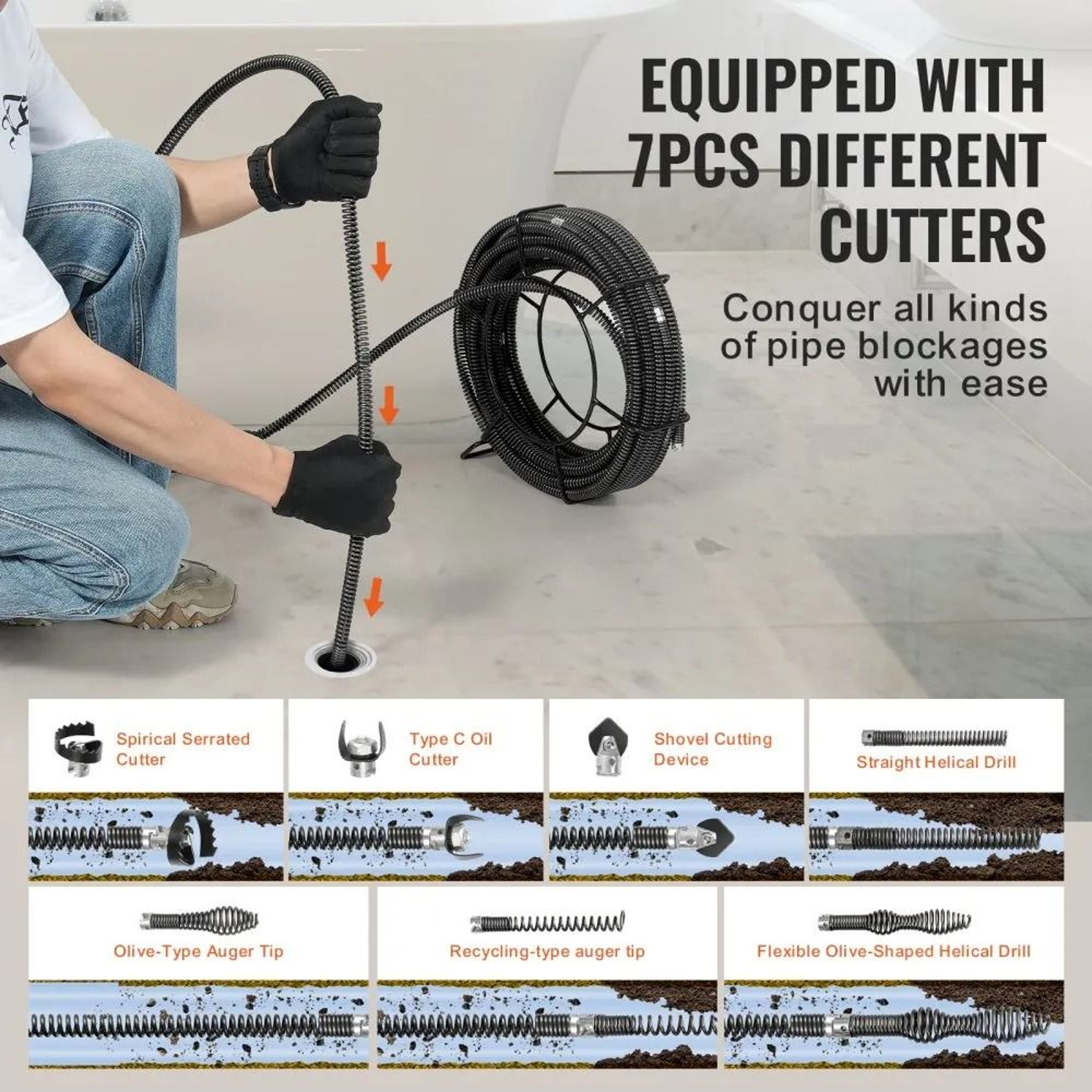 66FT Drain Cleaning Cable 58 Inch Sectional Sewer Auger With 7 Cutters For Pipe Cleaning 4