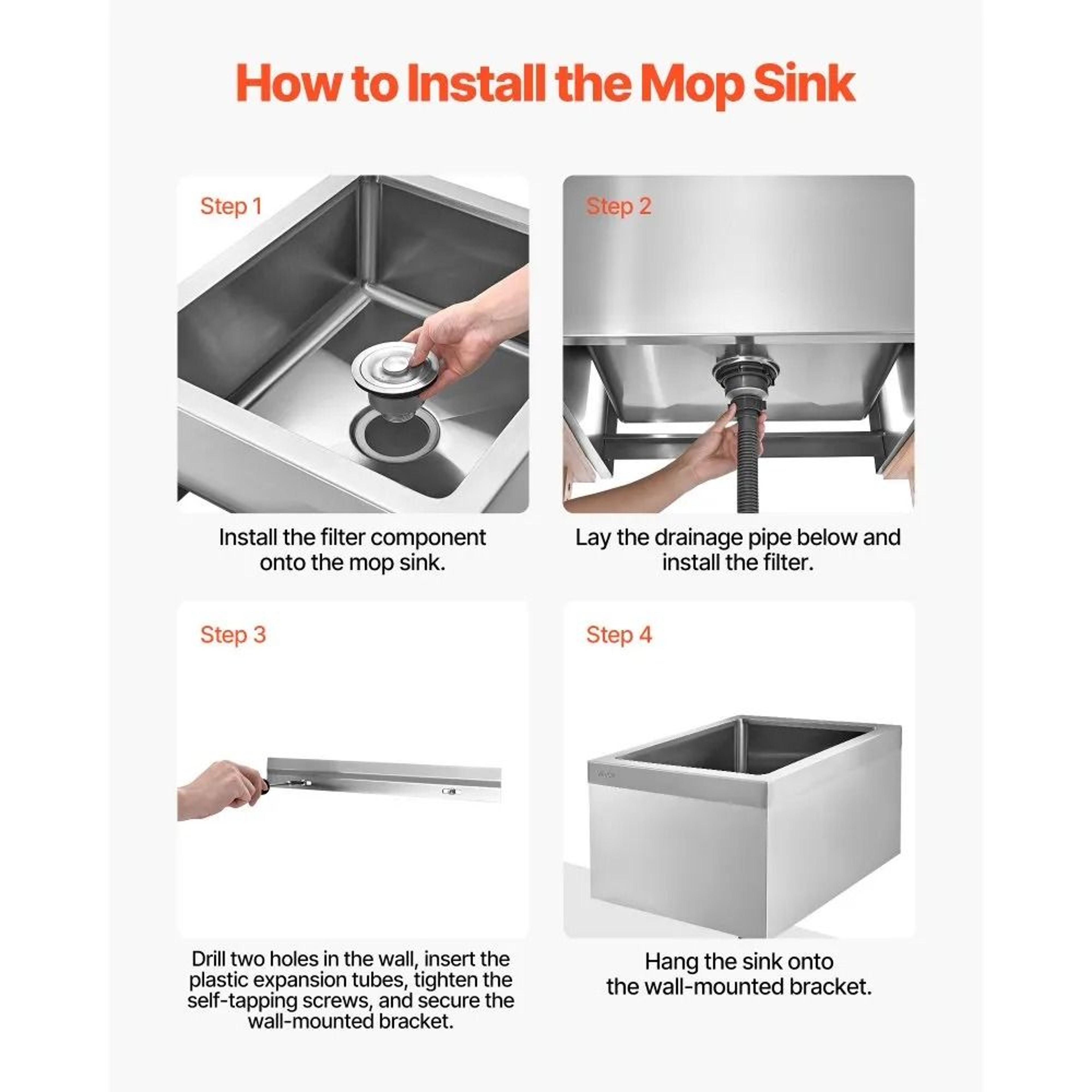 Stainless Steel Mop Sink 22x19x12 Inch Wall Mounted Utility Sink With 3 In 1 Drain Filter 3