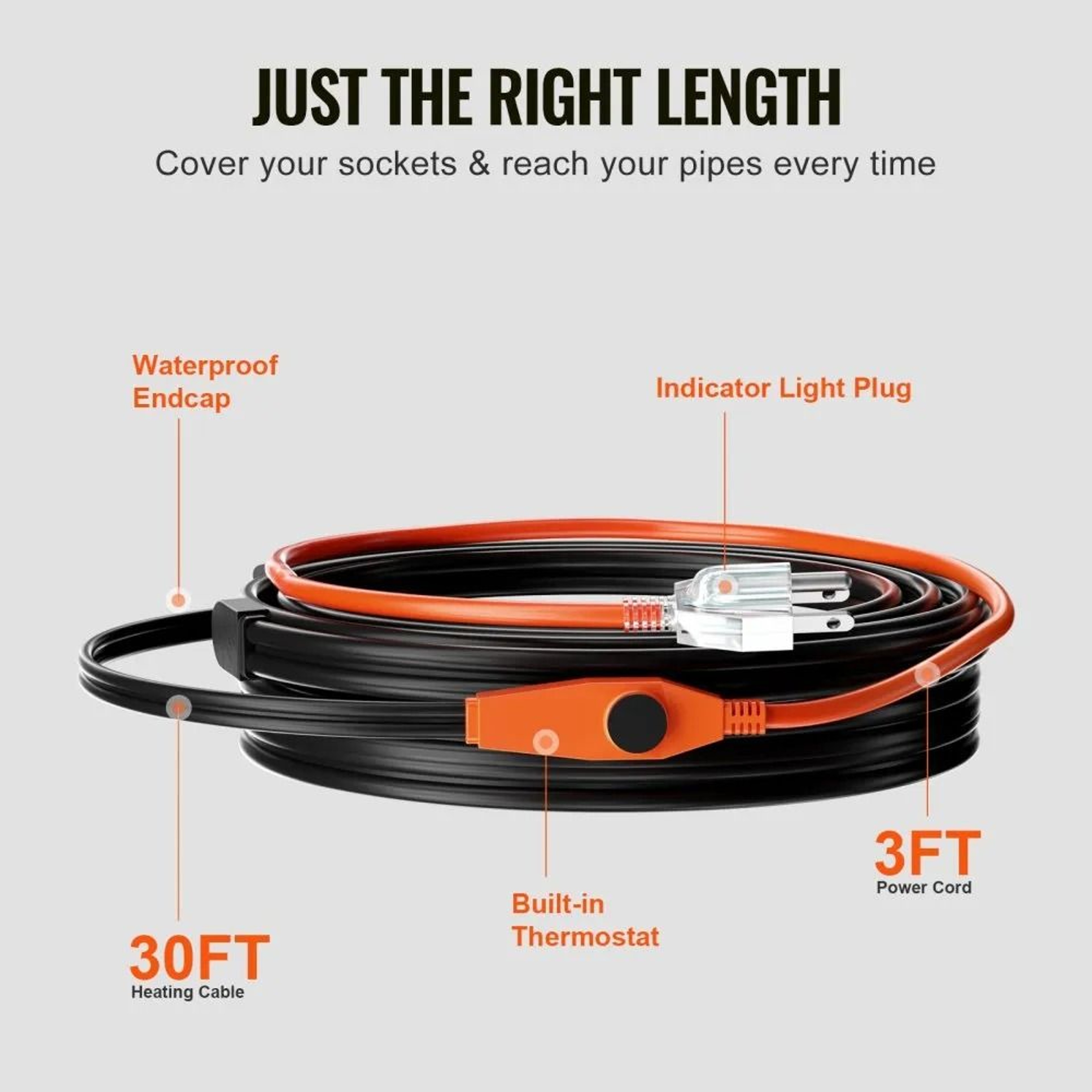 30FT Pipe Heating Cable 7W FT Heat Tape With Thermostat For Freeze Protection 3
