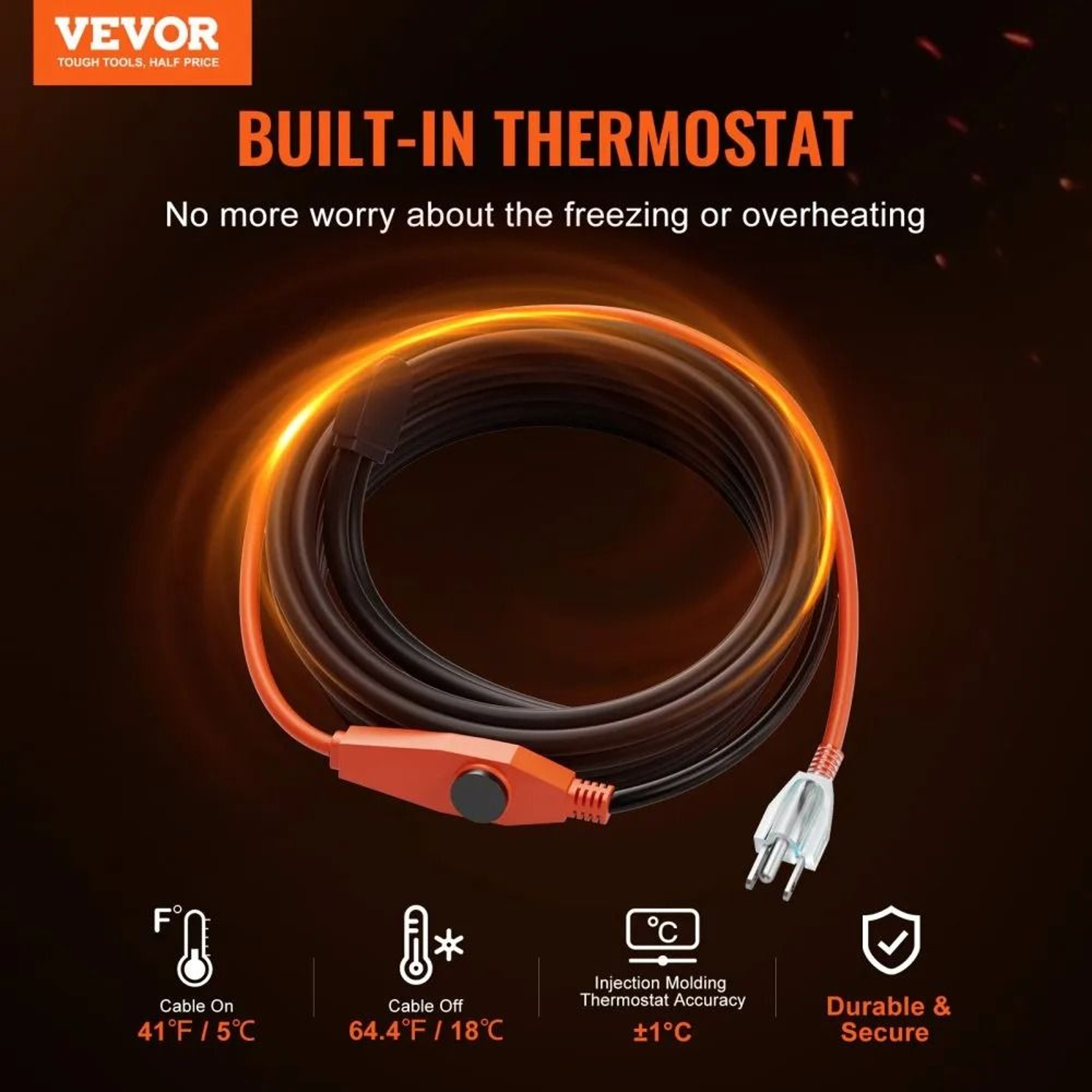 30FT Pipe Heating Cable 7W FT Heat Tape With Thermostat For Freeze Protection 6