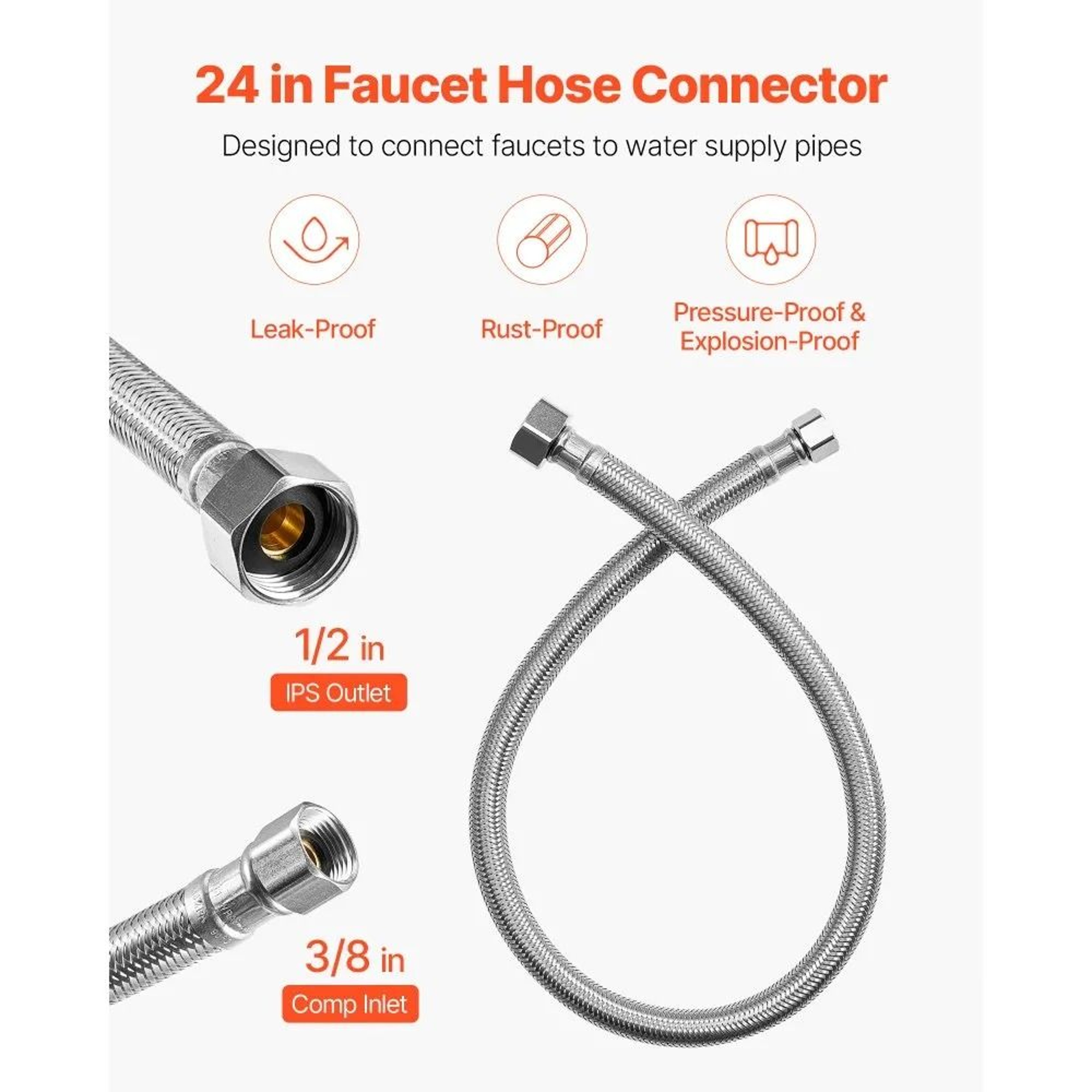 24 Inch Braided Stainless Steel Faucet Supply Line Connector 2 Pack 1
