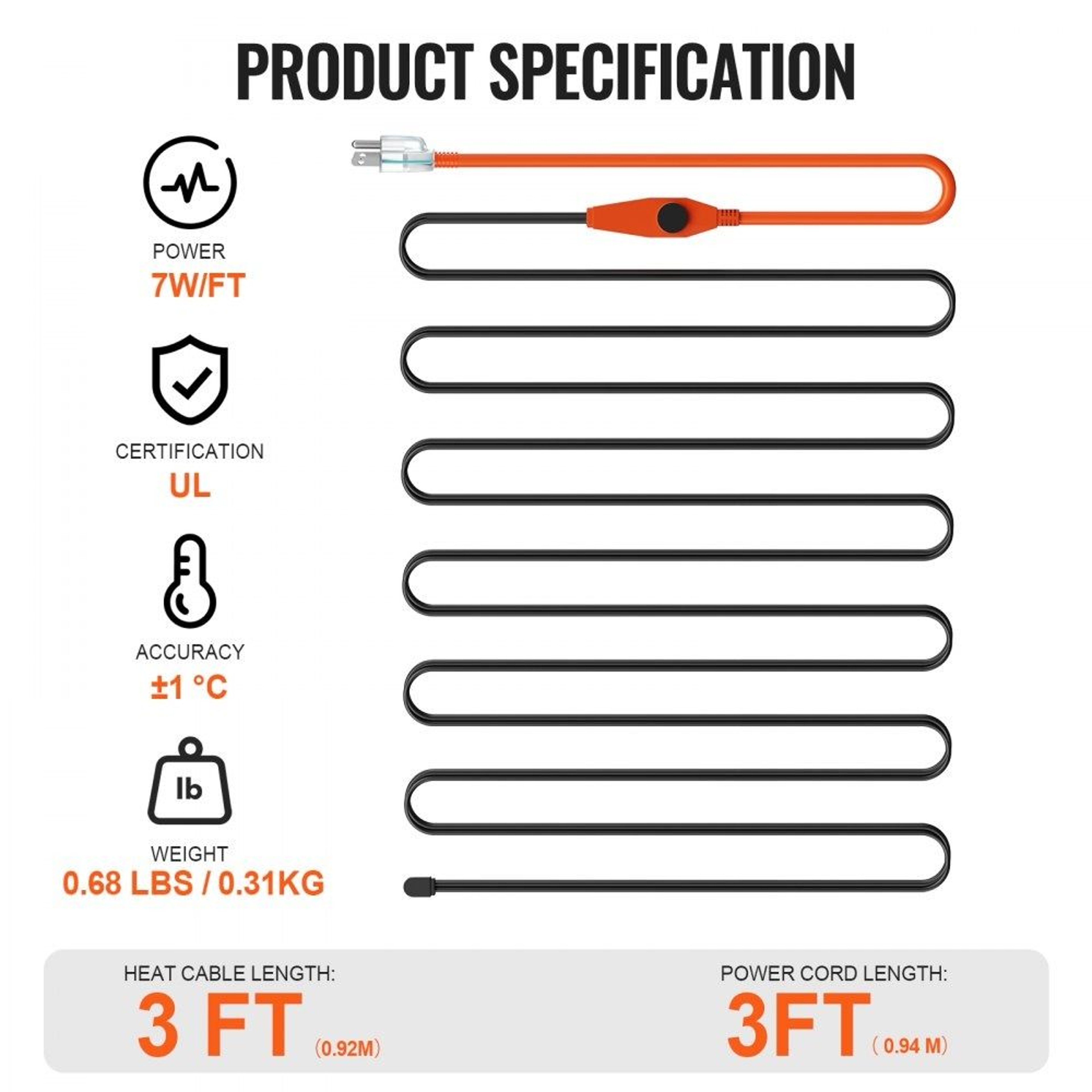 3FT Pipe Heating Cable With Thermostat 7WFT Heat Tape For Freeze Protection 2