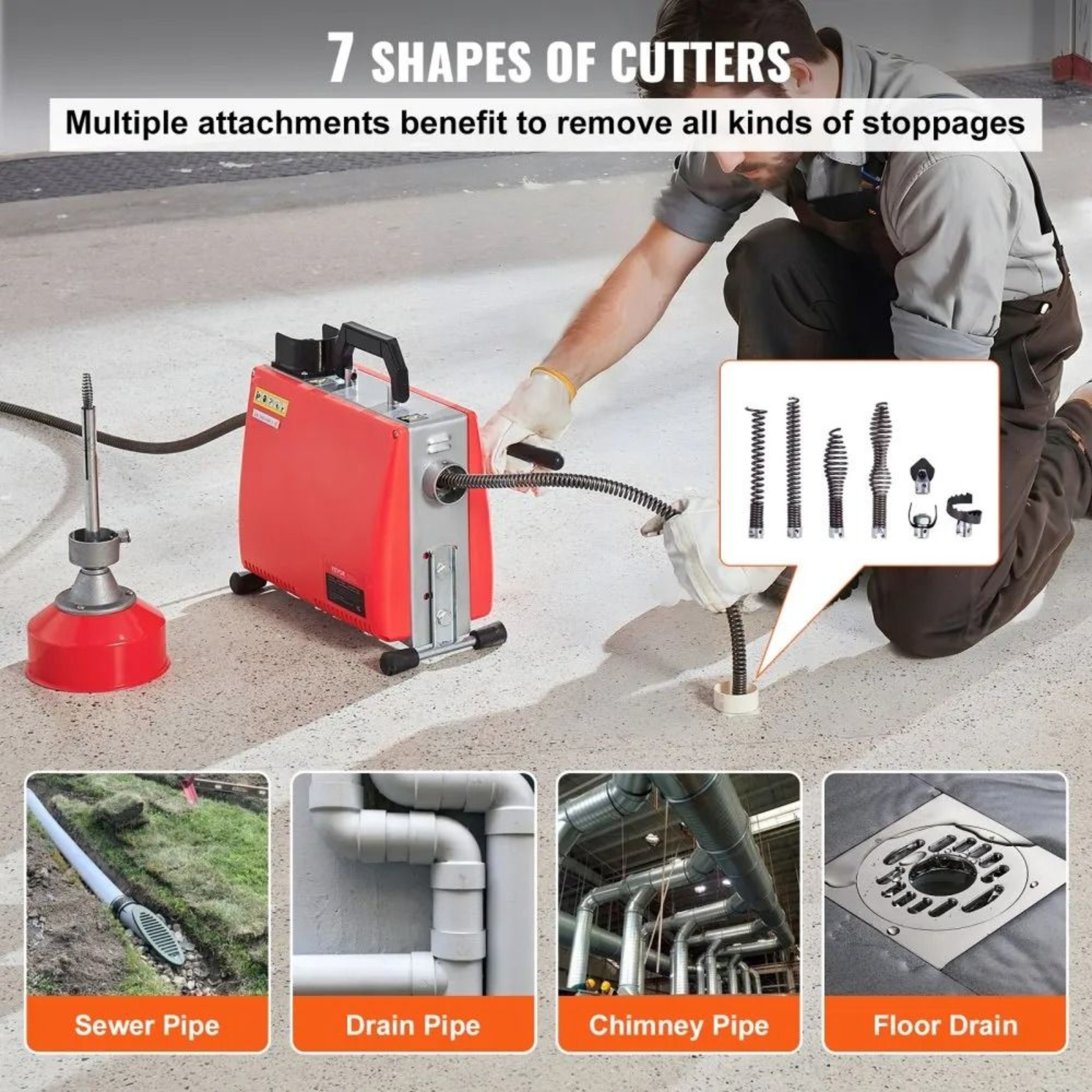 66FT Drain Cleaner Machine 250W Electric Sewer Snake Auger With 7 Cutters 4