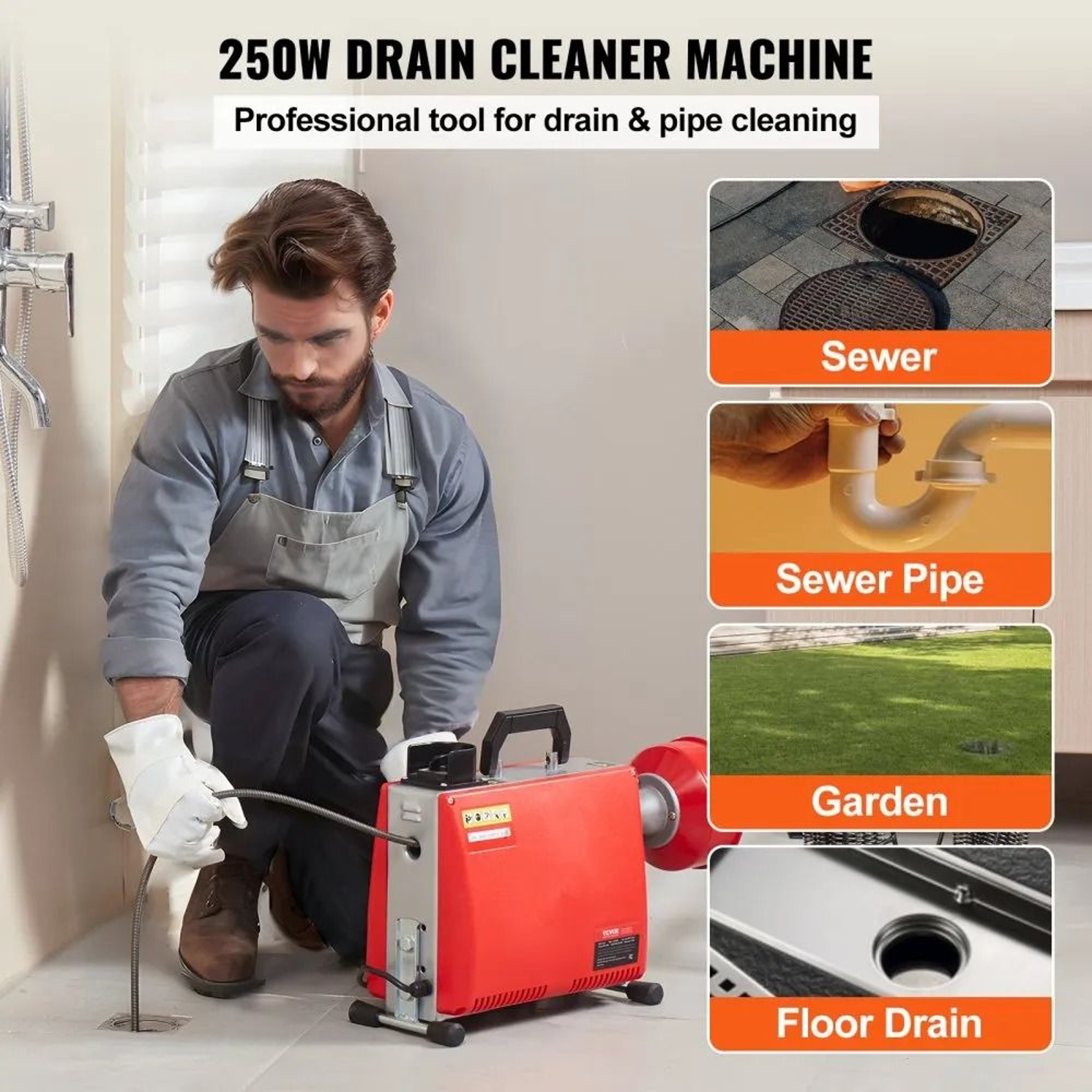66FT Drain Cleaner Machine 250W Electric Sewer Snake Auger With 7 Cutters 1