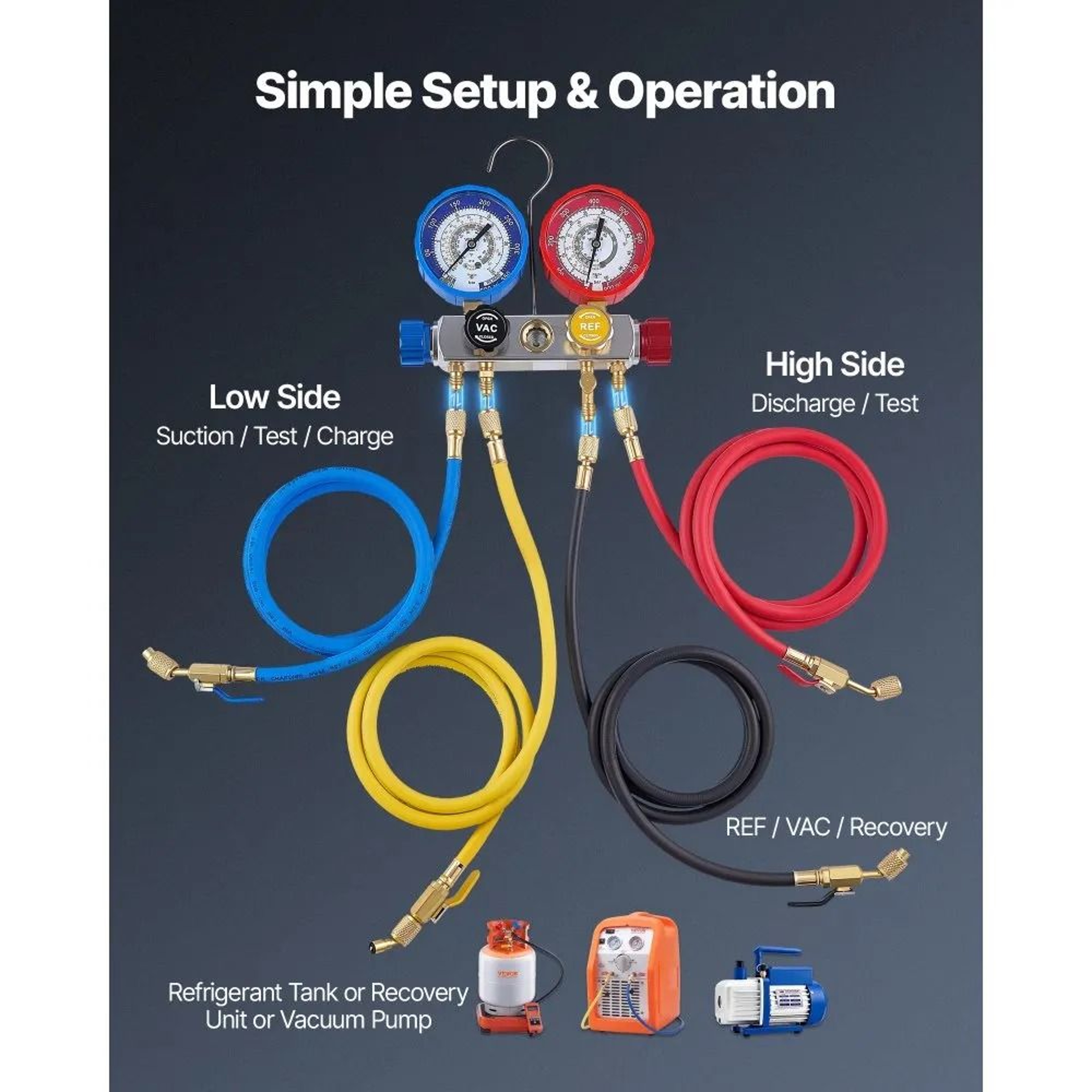 4 Way AC Manifold Gauge Set For R22 R404A R410A R12 Refrigerants With 5 Ft Hoses 1