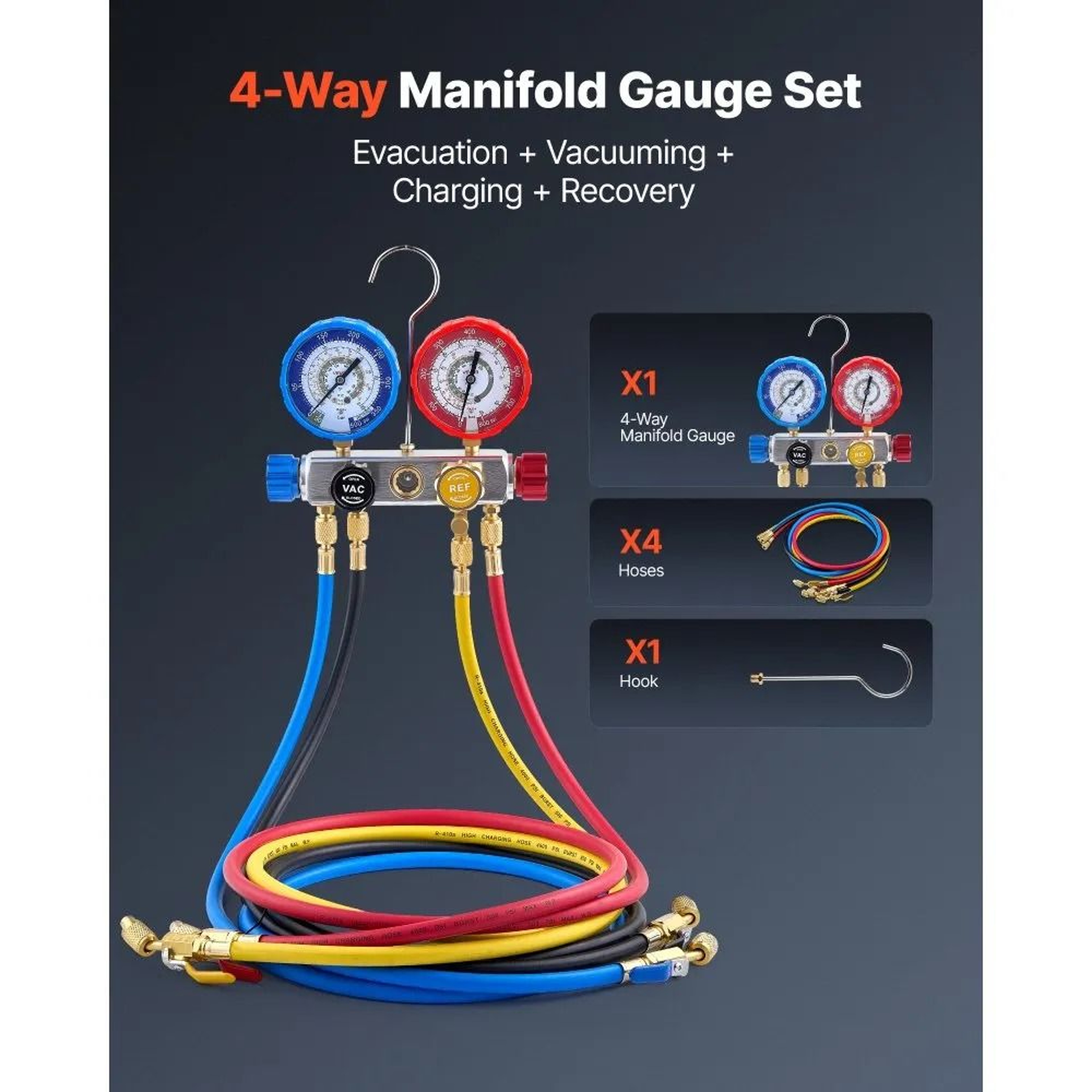 4 Way AC Manifold Gauge Set For R22 R404A R410A R12 Refrigerants With 5 Ft Hoses 5