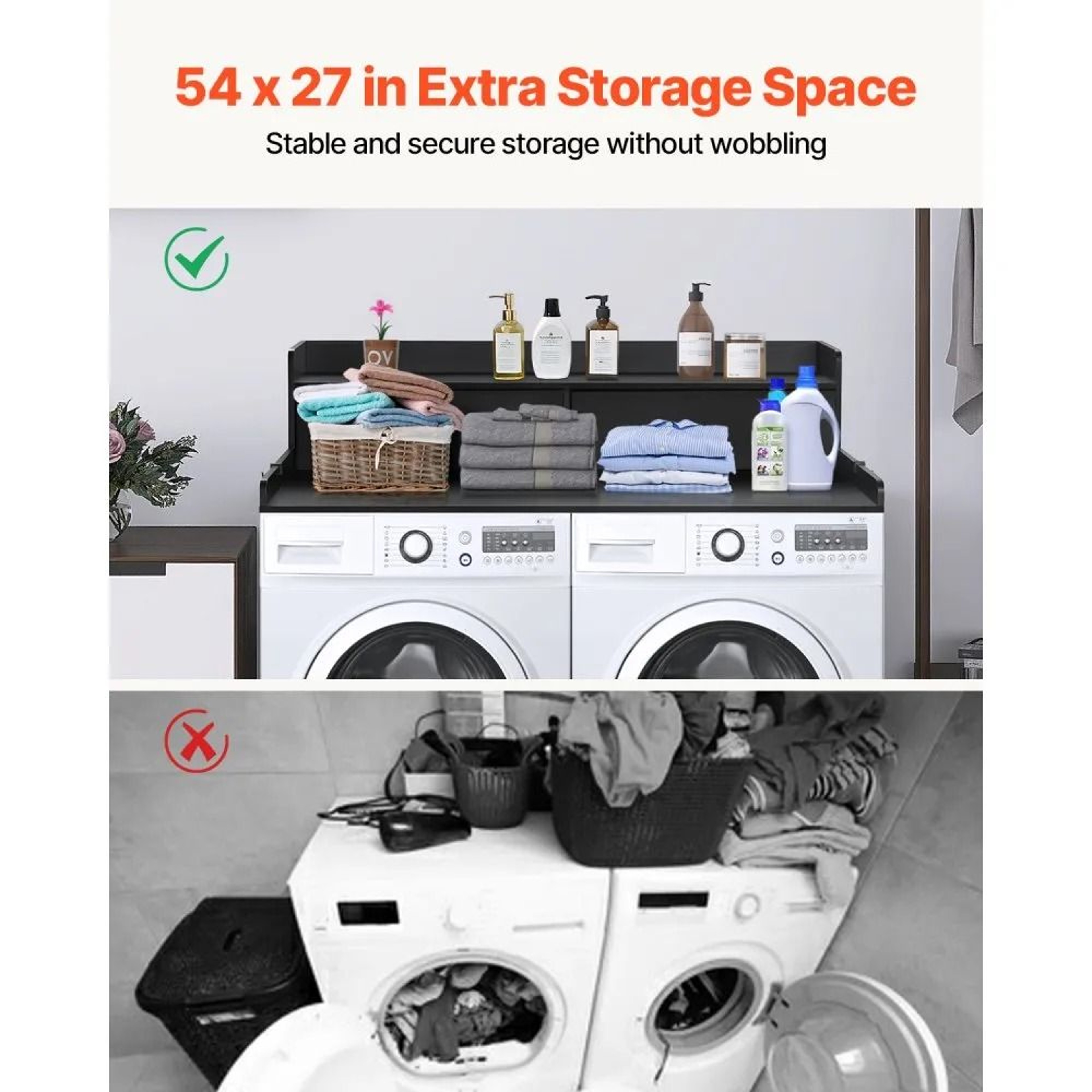 2 Drawer Washer Dryer Countertop With Shelf 54 Inch Wooden Laundry Topper For Storage 2
