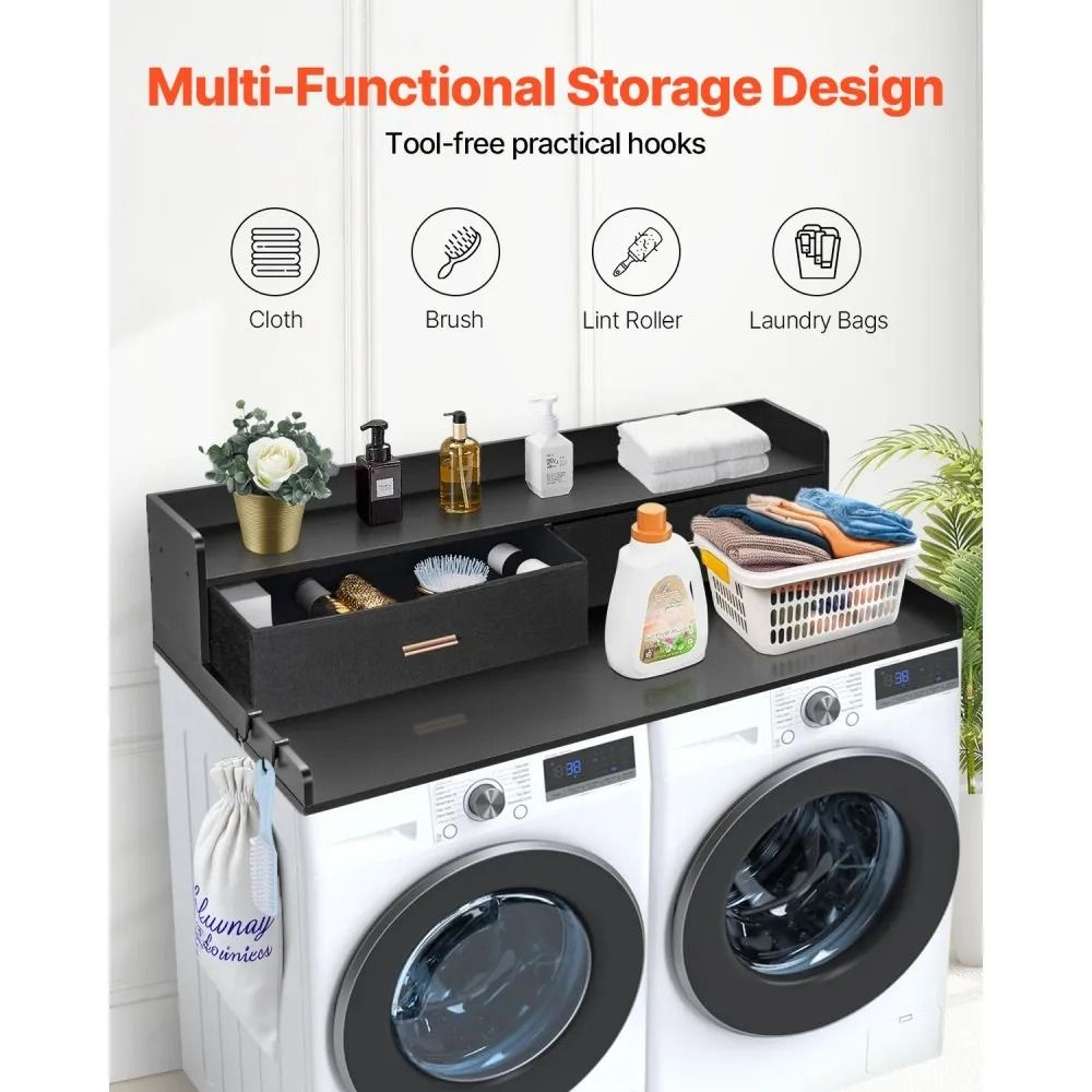 2 Drawer Washer Dryer Countertop With Shelf 54 Inch Wooden Laundry Topper For Storage 1