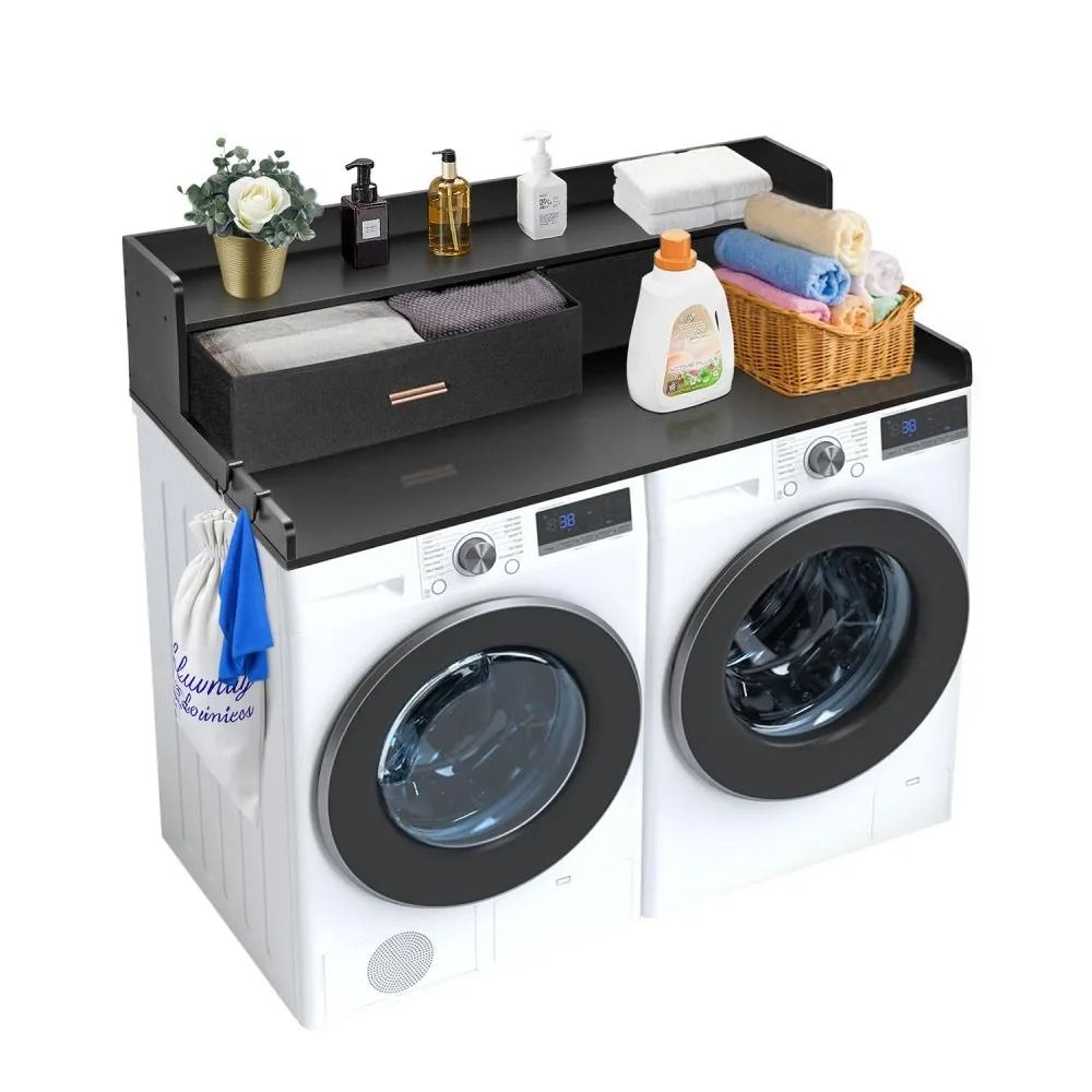 2 Drawer Washer Dryer Countertop With Shelf 54 Inch Wooden Laundry Topper For Storage 0