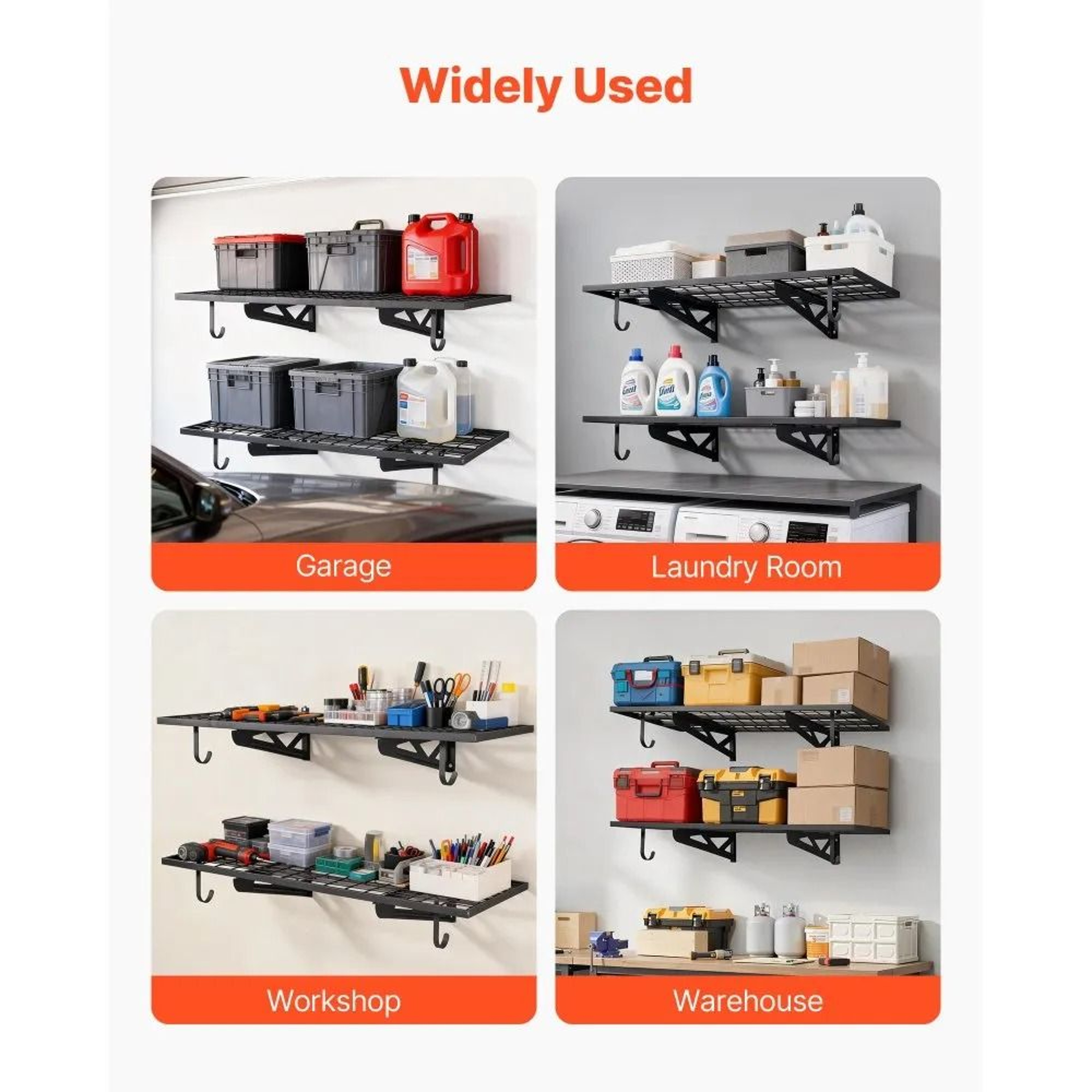 Heavy Duty Garage Wall Shelving 2 Tier Steel Storage Rack With Hooks 500 Lbs Capacity 6