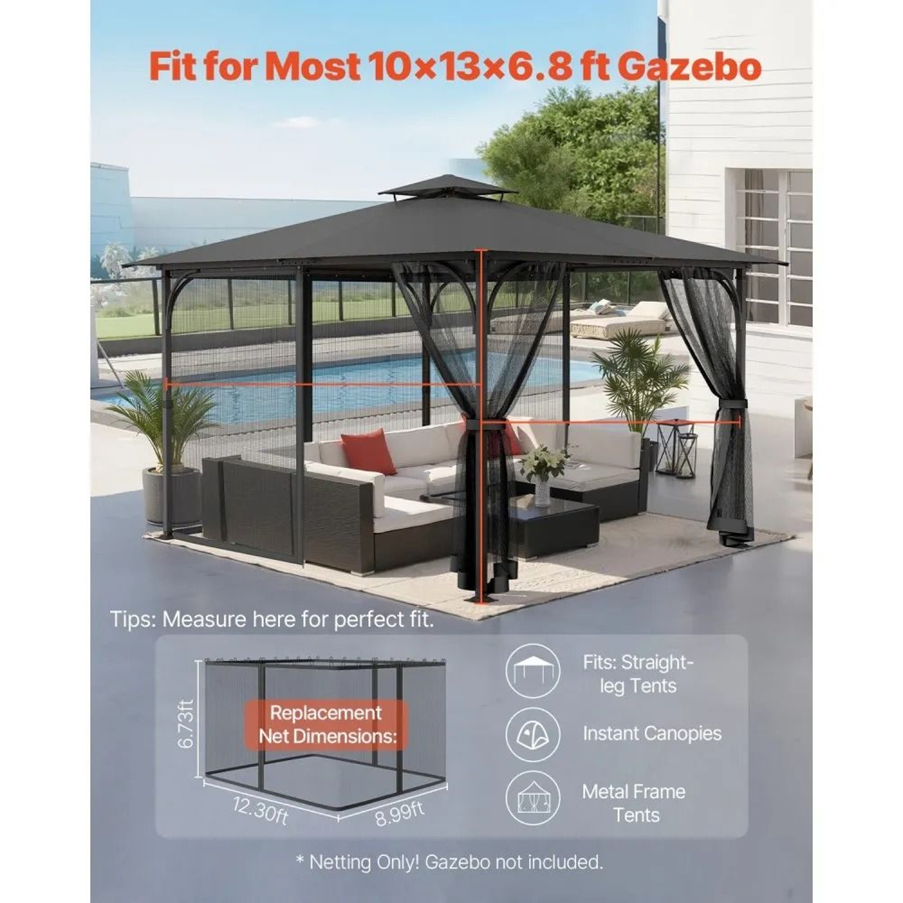 Gazebo Netting Replacement 10x13 FT Outdoor Mesh Screen With Double Zipper 2