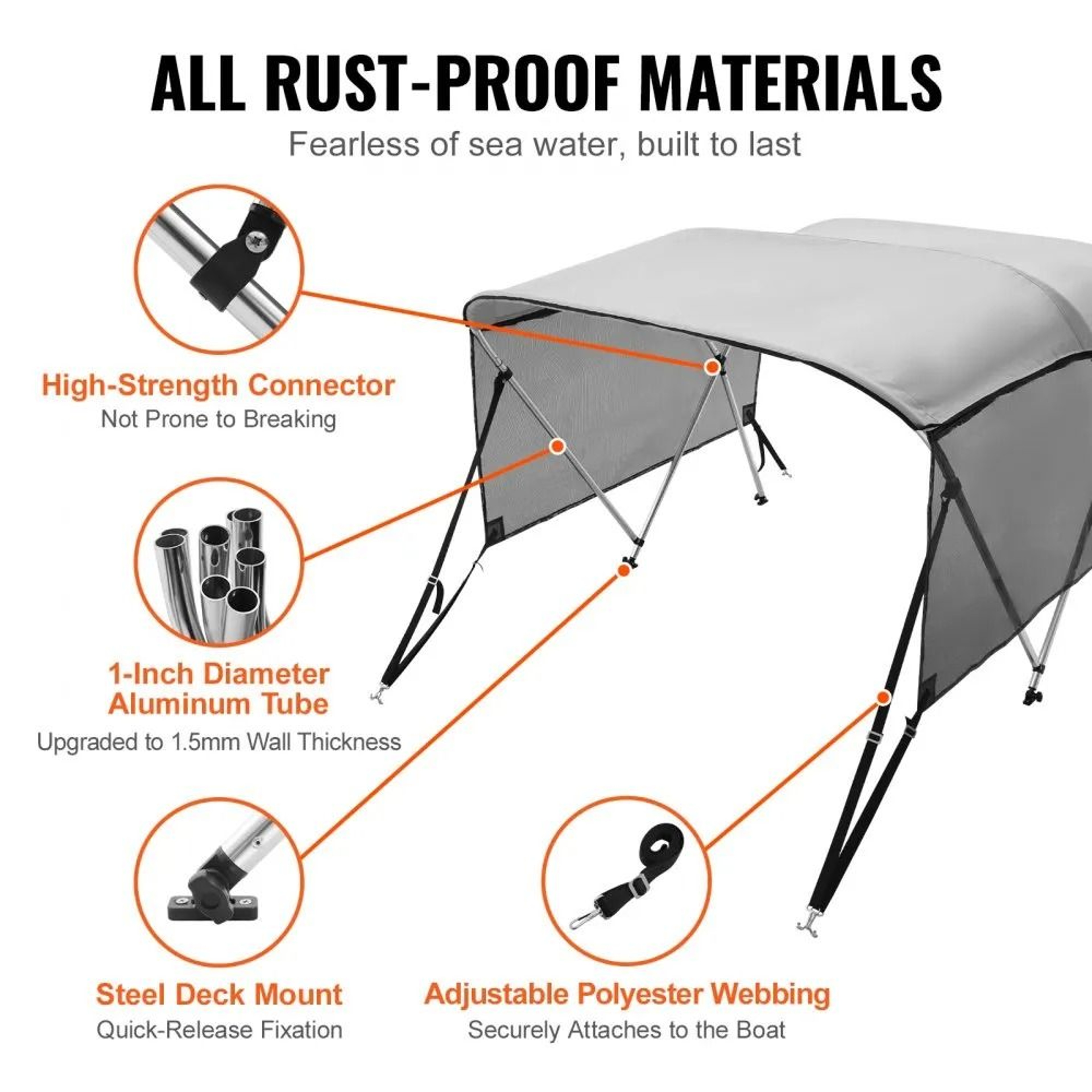 3 Bow Bimini Top For Boat With Detachable Mesh Sidewalls 600D Cover Light Grey 2