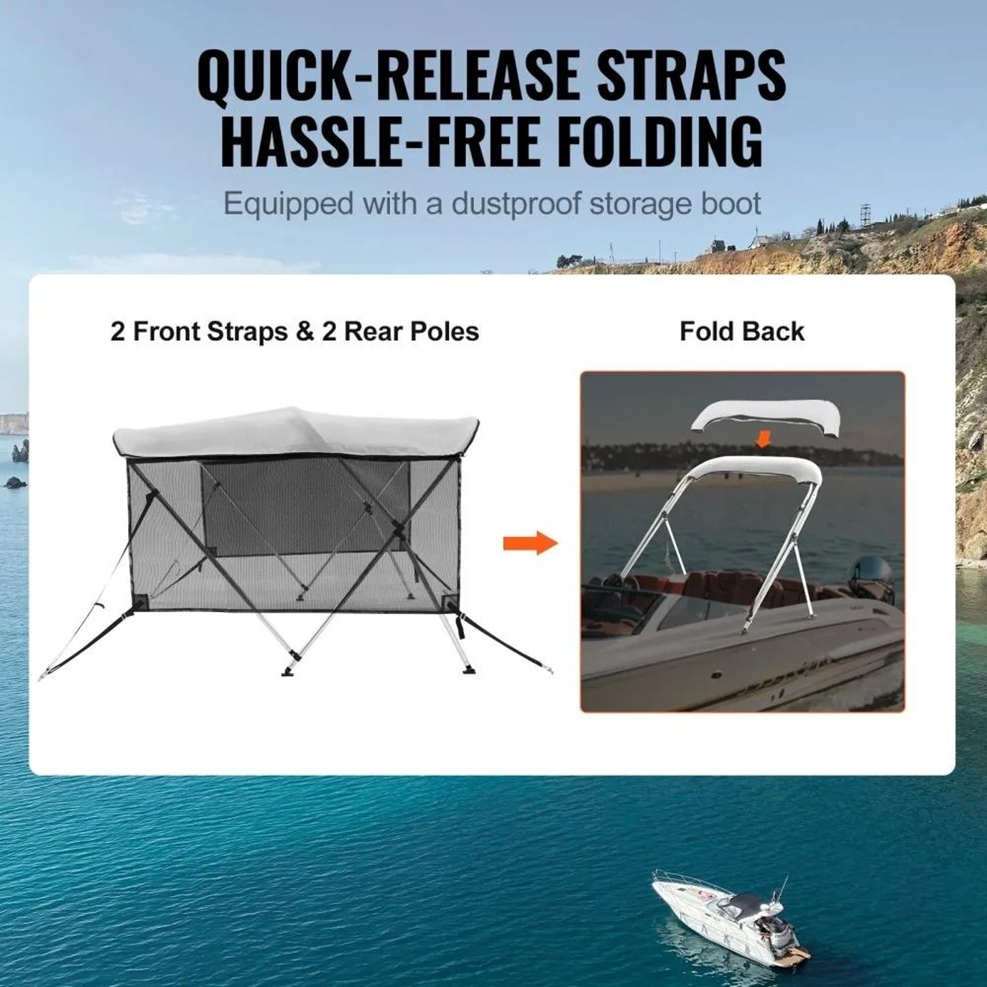 3 Bow Bimini Top For Boat With Detachable Mesh Sidewalls 600D Cover Light Grey 3