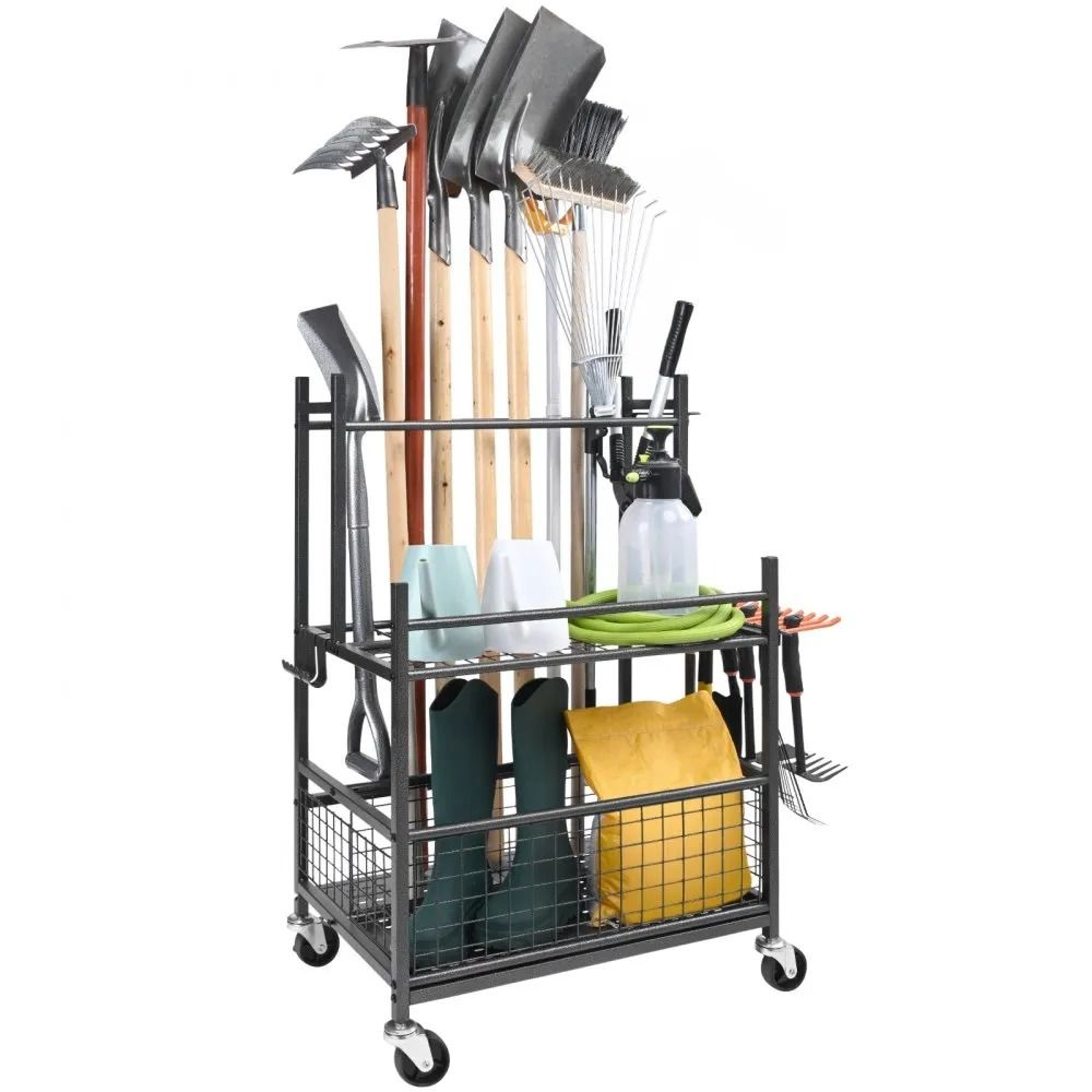 Rolling Garden Tool Organizer With 16 Slots Hooks And 3 Tier Garage Storage Rack 0