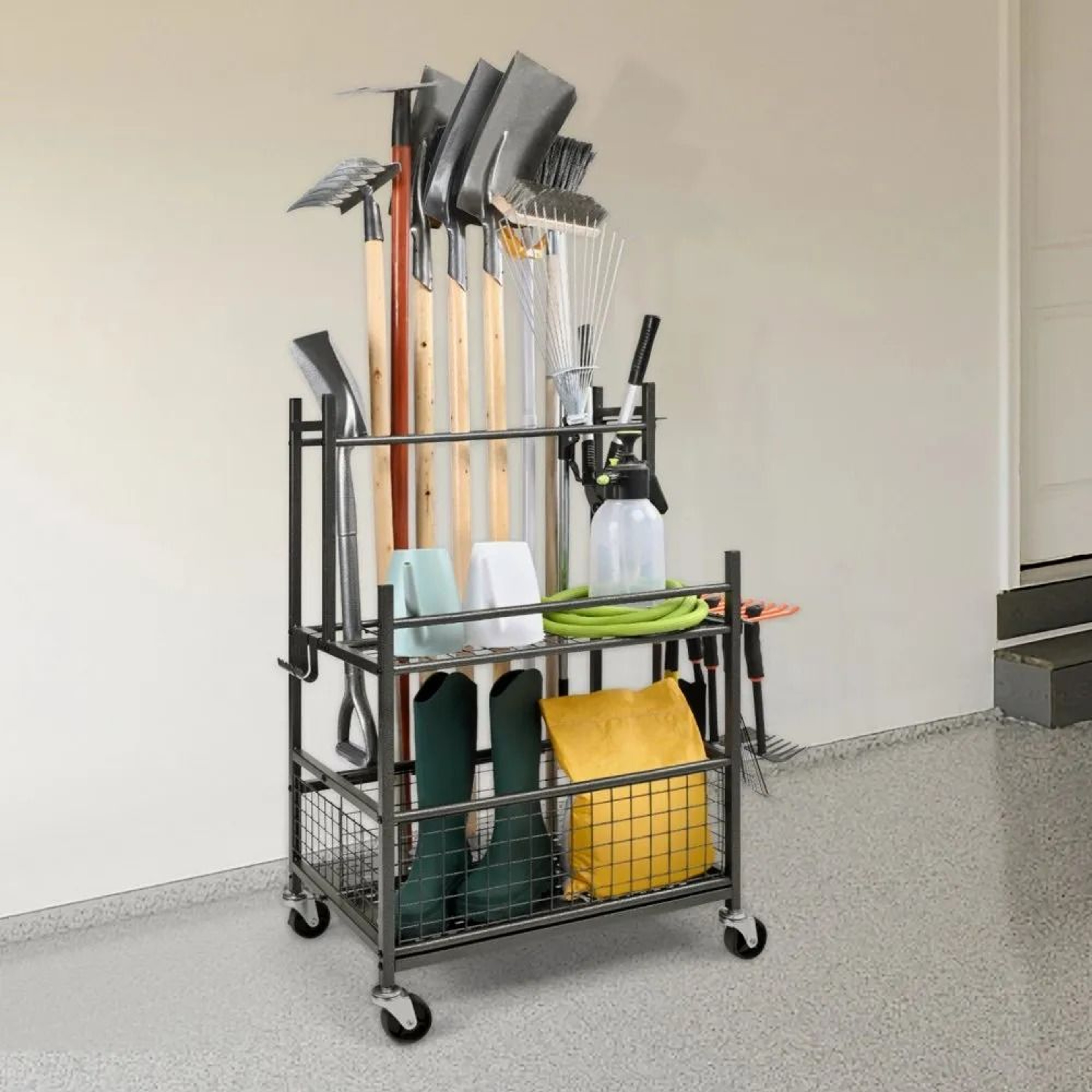 Rolling Garden Tool Organizer With 16 Slots Hooks And 3 Tier Garage Storage Rack 5