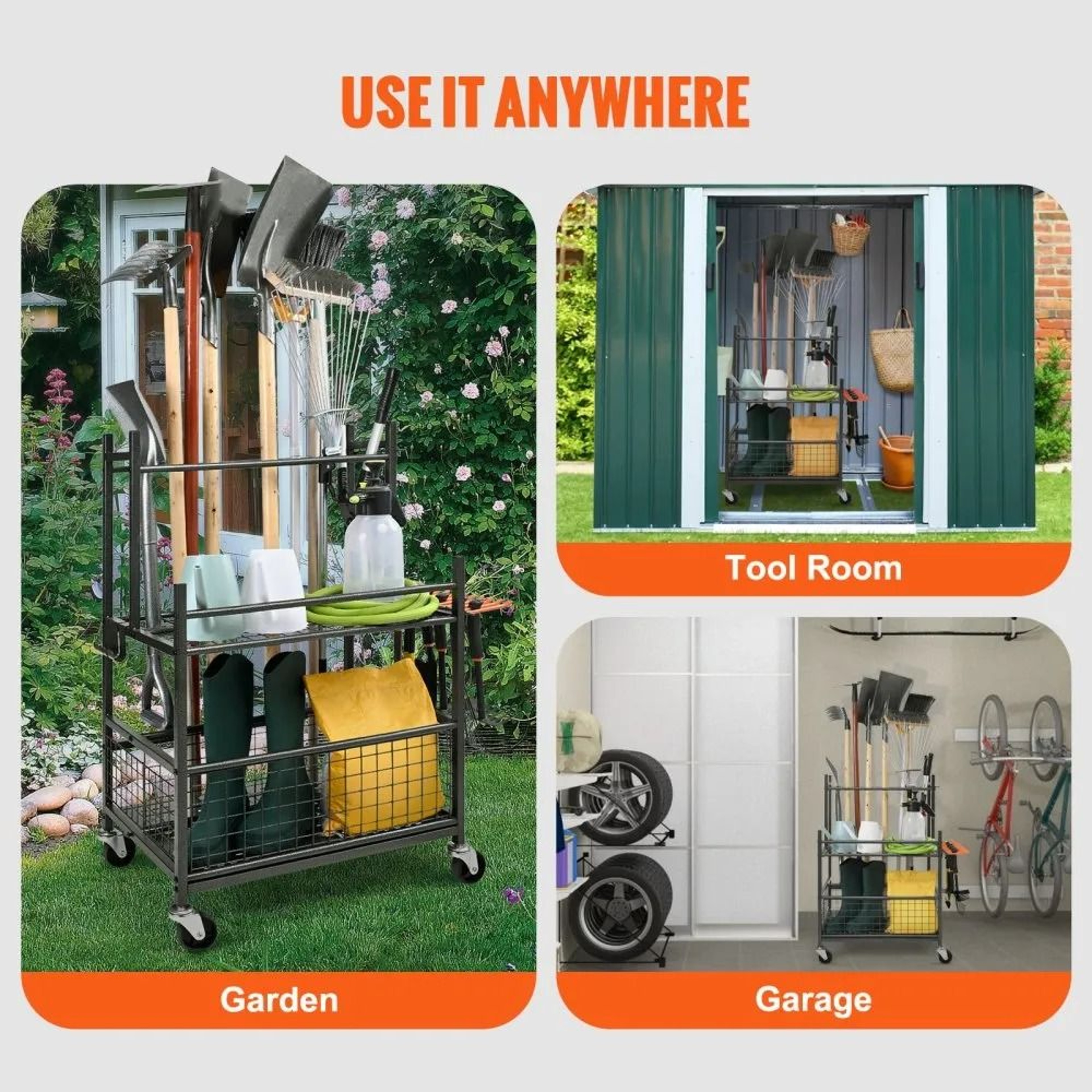 Rolling Garden Tool Organizer With 16 Slots Hooks And 3 Tier Garage Storage Rack 6