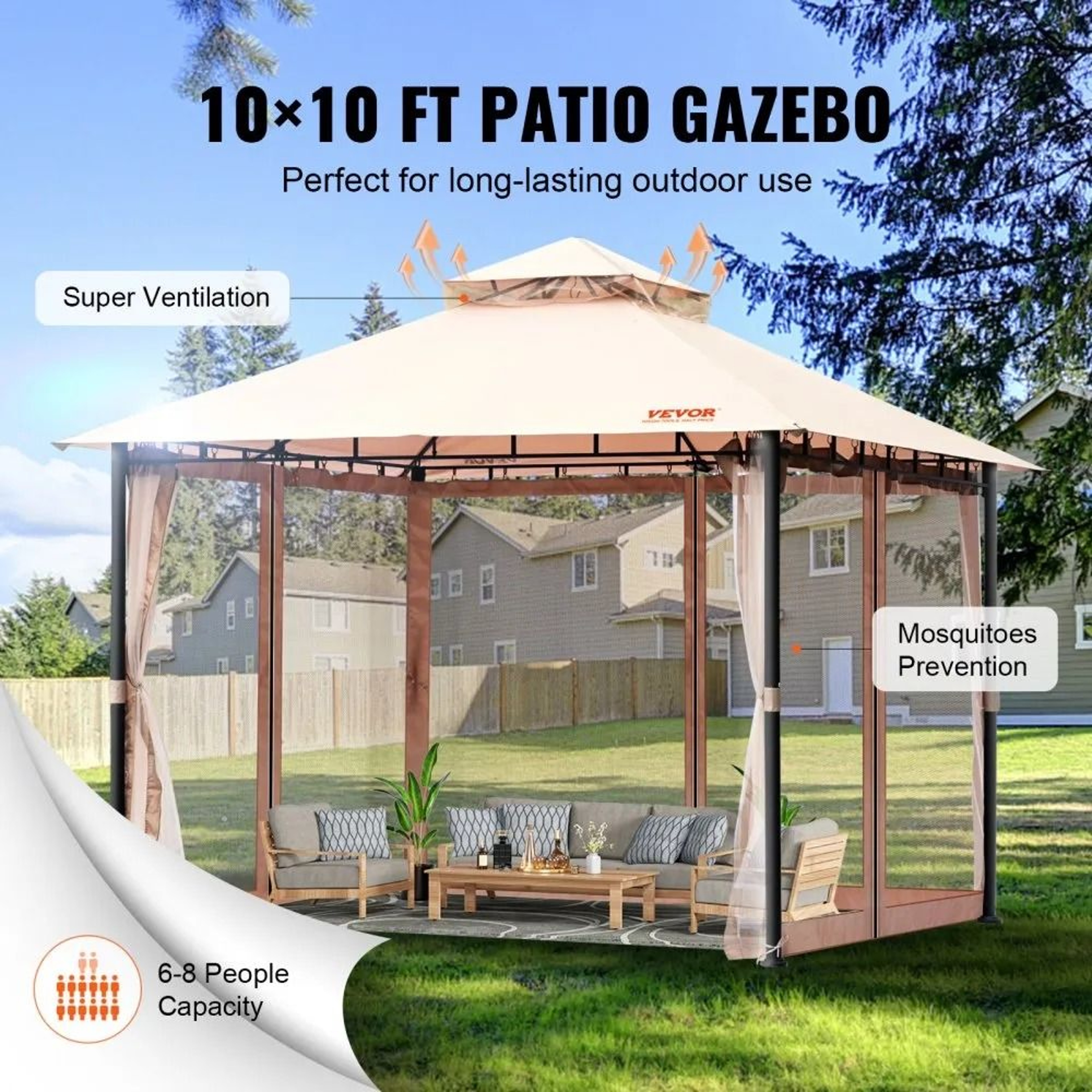 10x10 Patio Gazebo With Mosquito Netting And Weather Resistant Canopy For 6 To 8 People 3