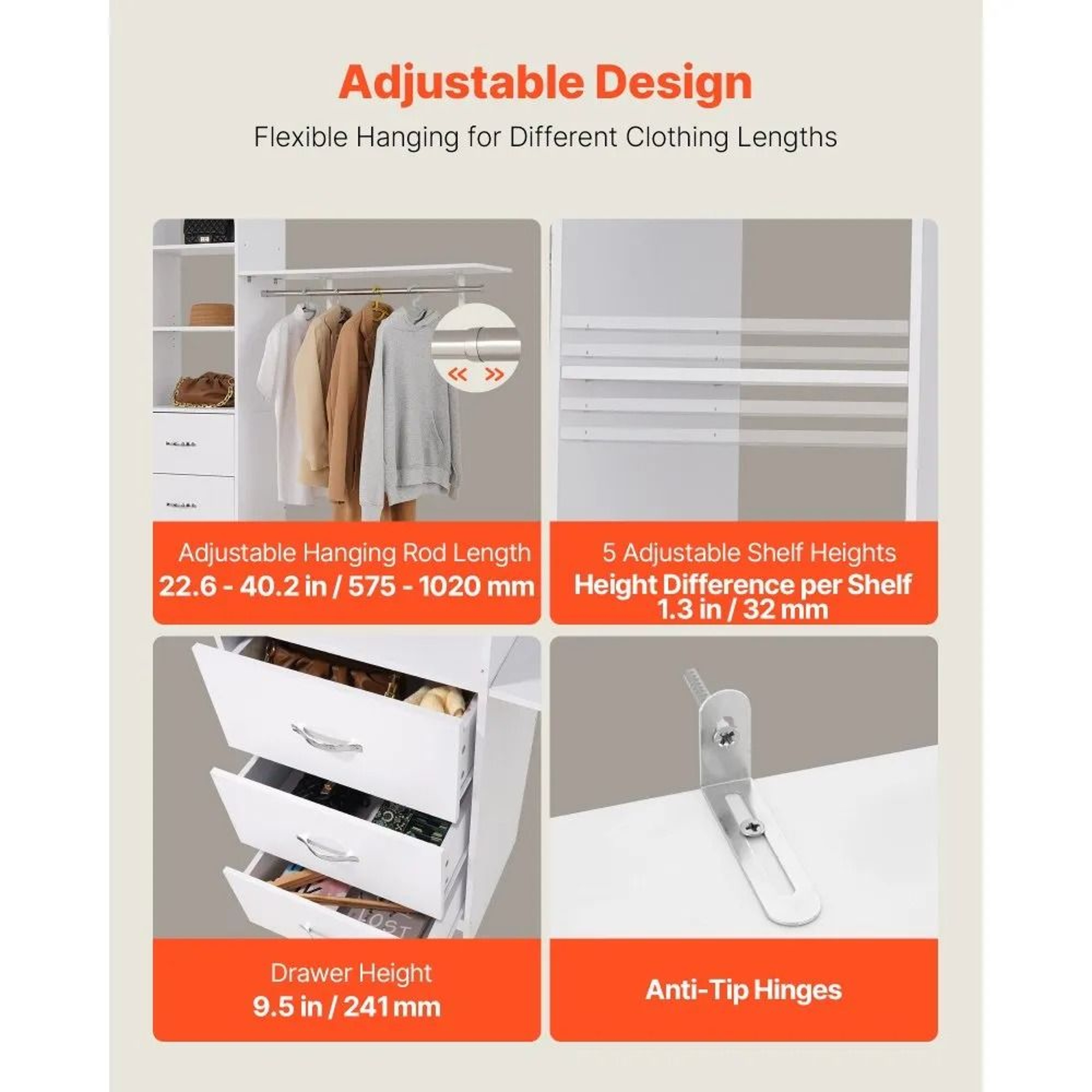 Closet System With 3 Drawers Adjustable Wooden Closet Organizer White 4