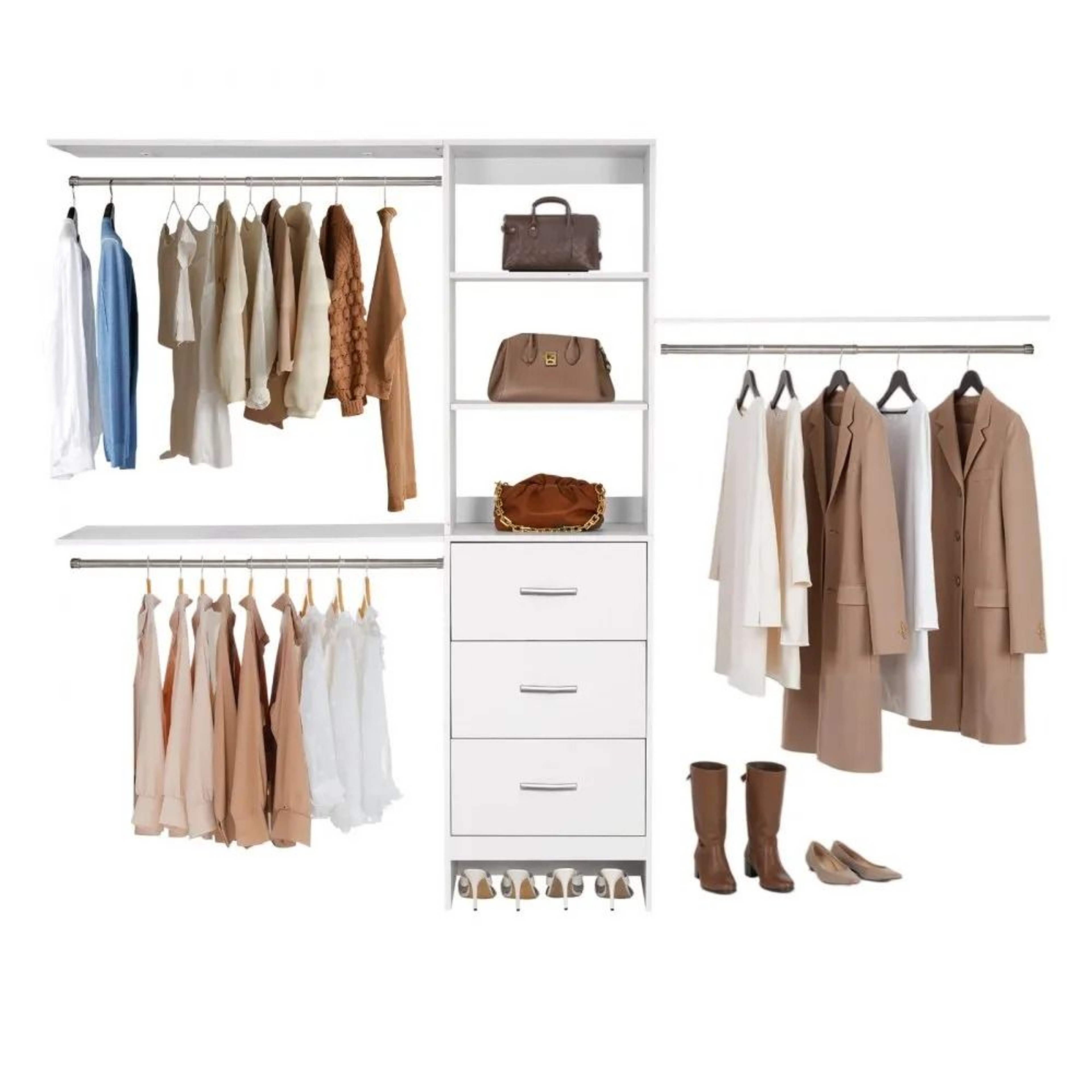 Closet System With 3 Drawers Adjustable Wooden Closet Organizer White 0