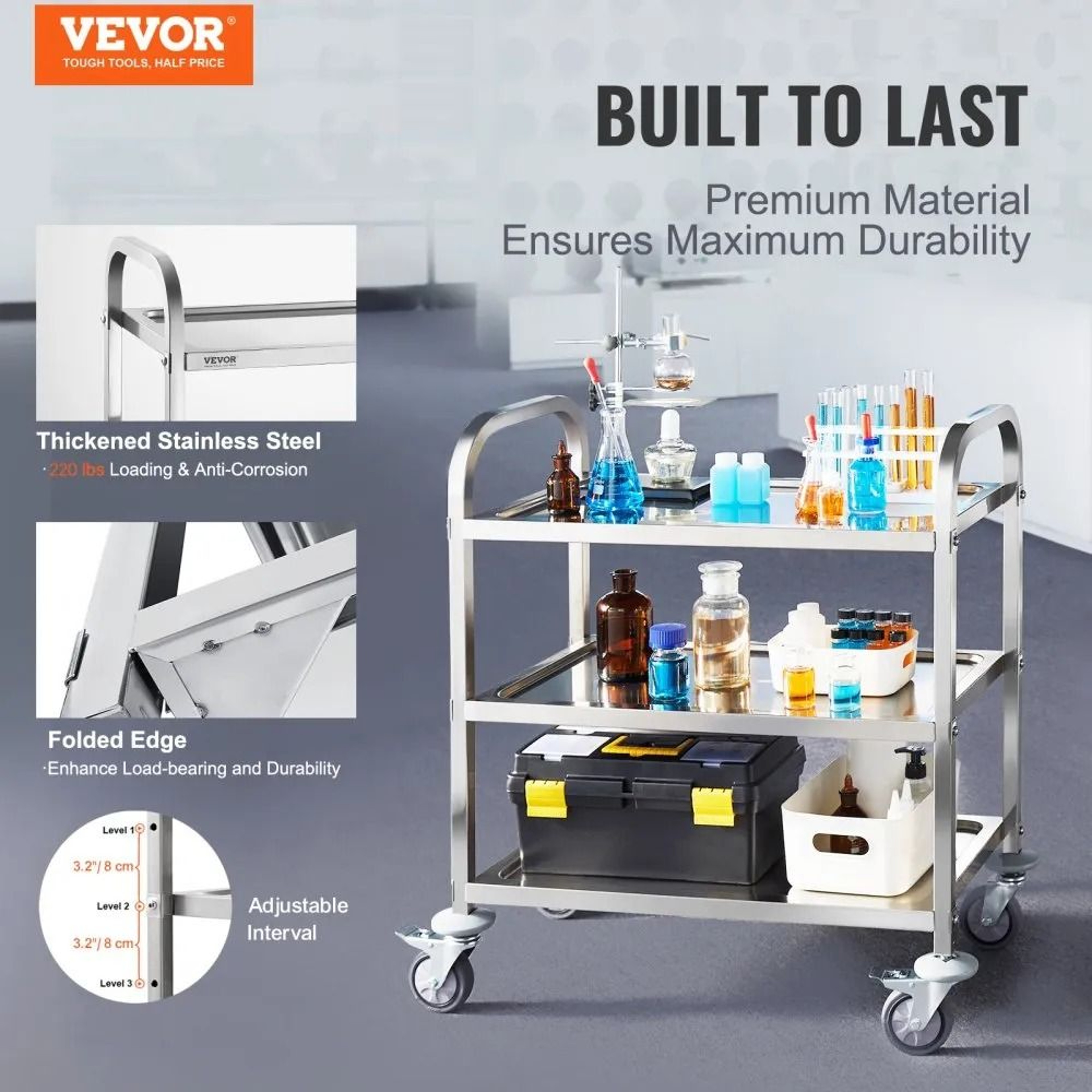 Stainless Steel Utility Cart 3 Tier Lab Medical Cart With Lockable Wheels 400 Lbs Capacity 1
