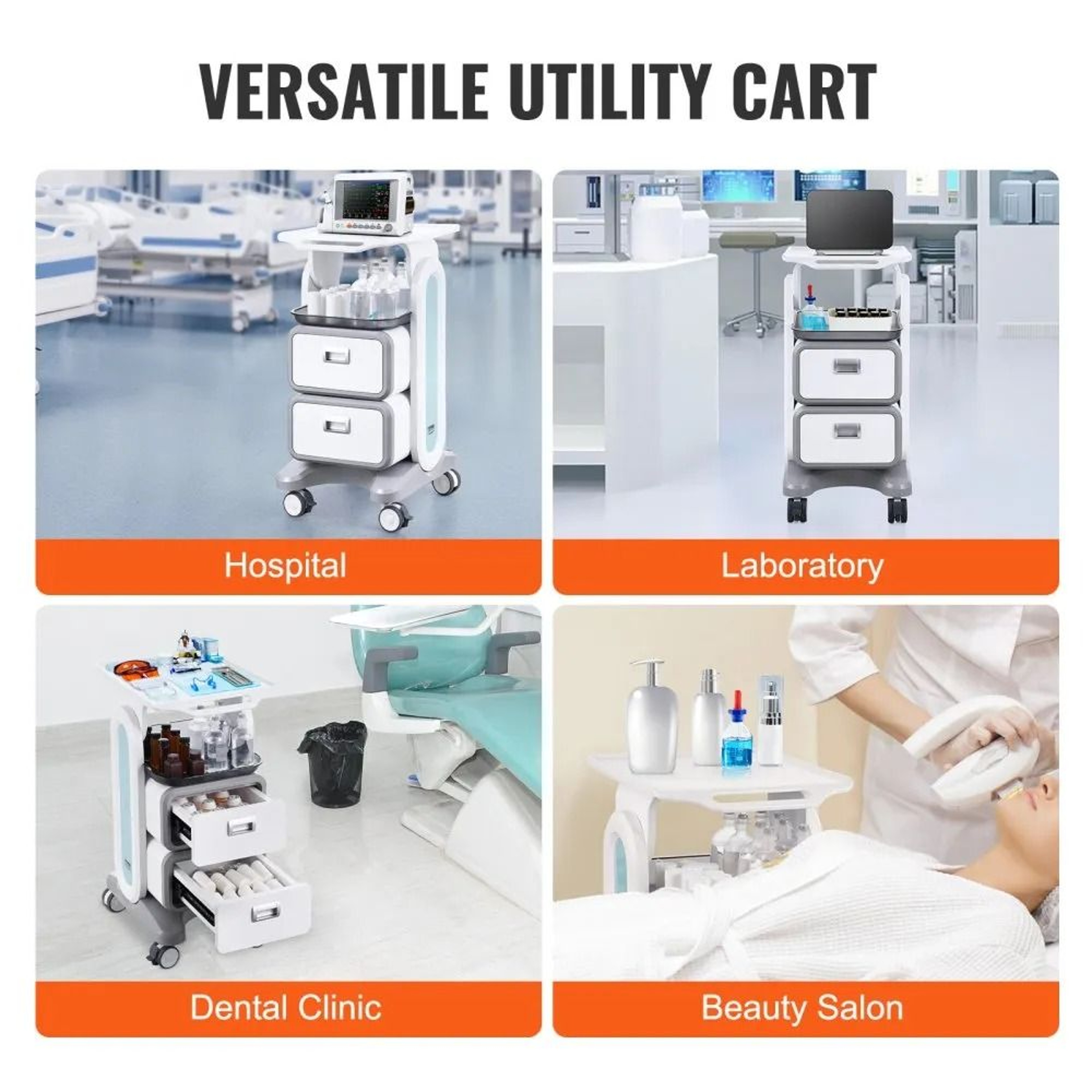 3 Tier Lab Utility Cart With 2 Drawers Mobile Medical Cart White 2