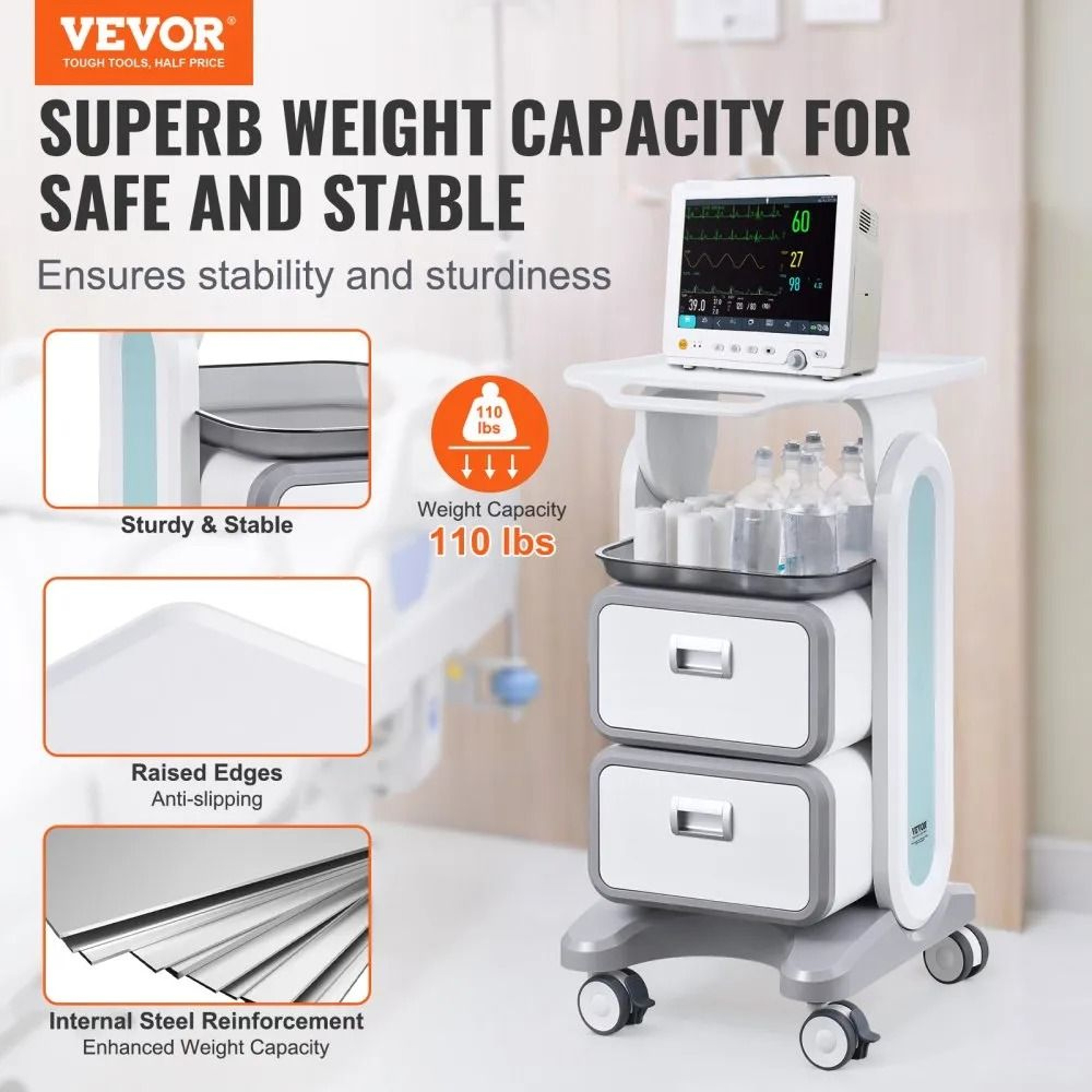 3 Tier Lab Utility Cart With 2 Drawers Mobile Medical Cart White 1