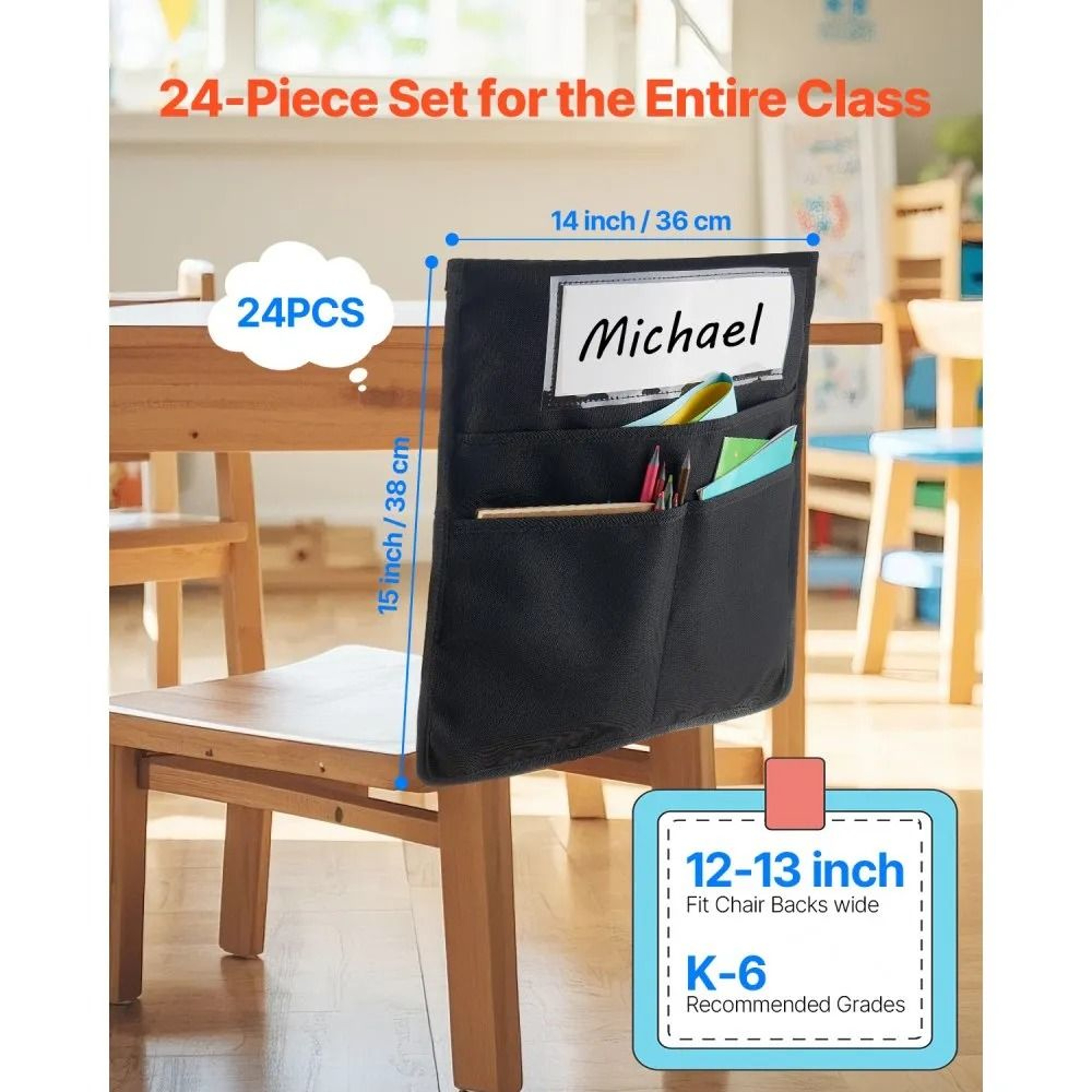 Classroom Chair Pockets 24 Pack Kids Seat Organizer With Name Tags Black 1