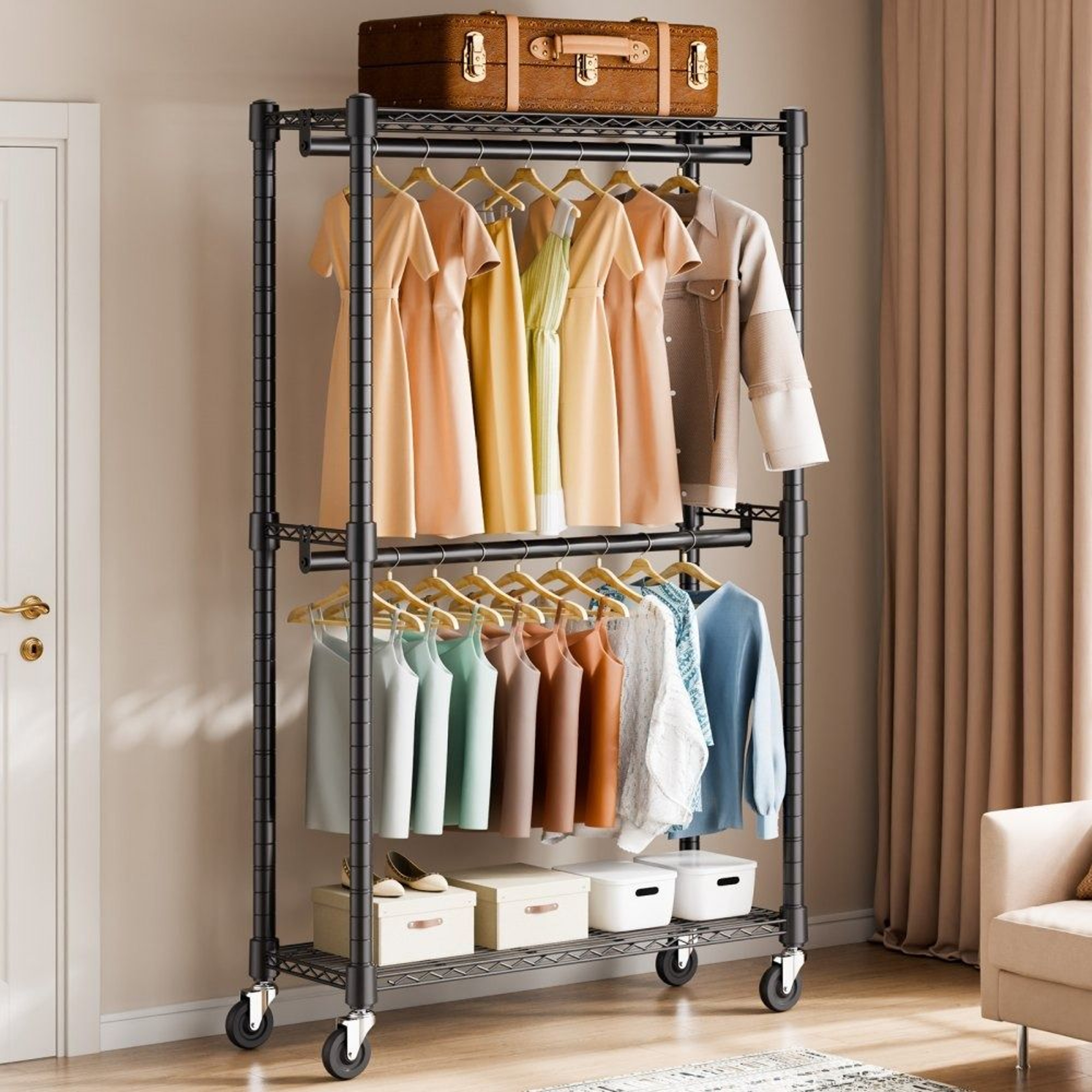 Heavy Duty Clothes Rack With Double Rods Shelves And Wheels 300 Lb Capacity 6