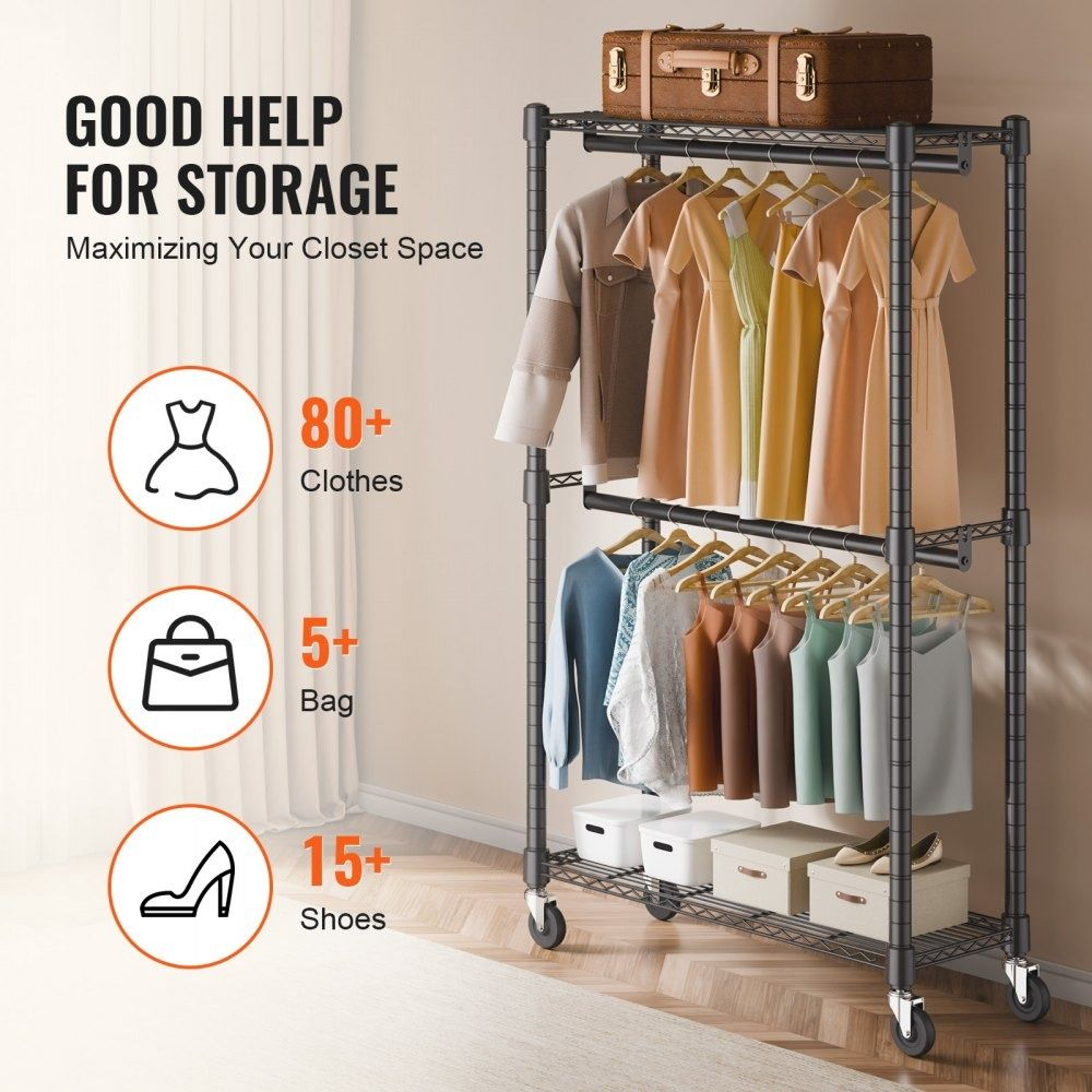 Heavy Duty Clothes Rack With Double Rods Shelves And Wheels 300 Lb Capacity 5