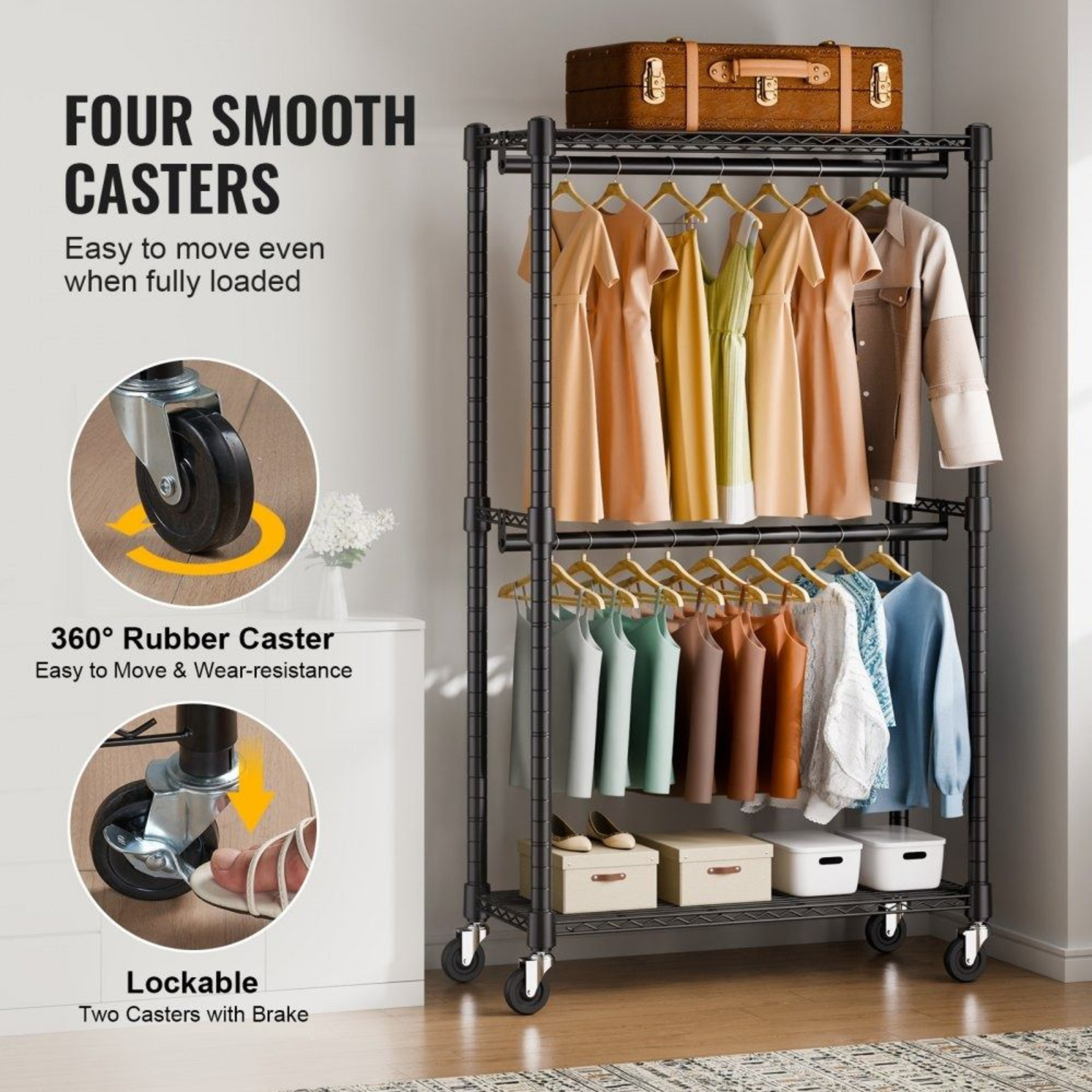 Heavy Duty Clothes Rack With Double Rods Shelves And Wheels 300 Lb Capacity 1
