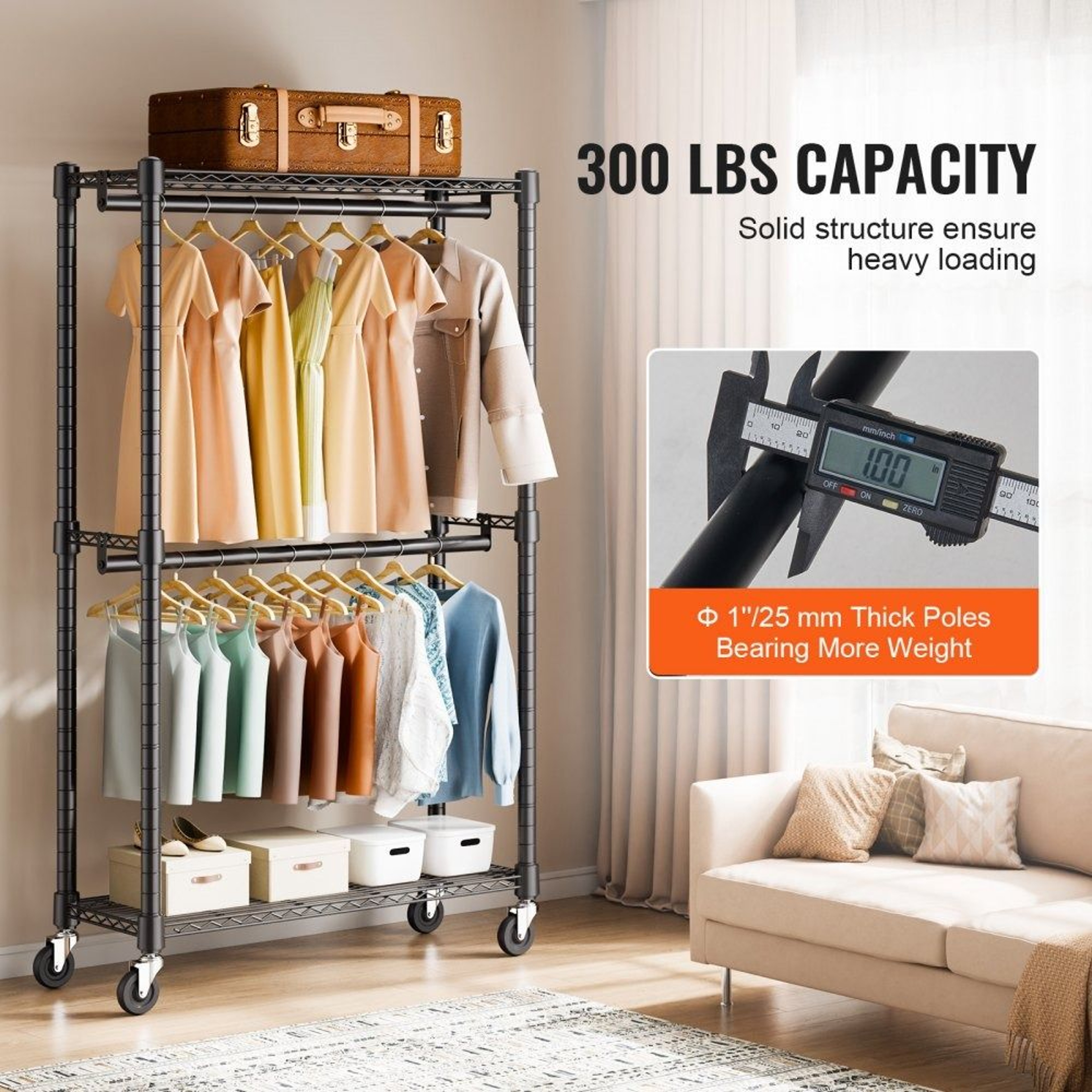 Heavy Duty Clothes Rack With Double Rods Shelves And Wheels 300 Lb Capacity 2