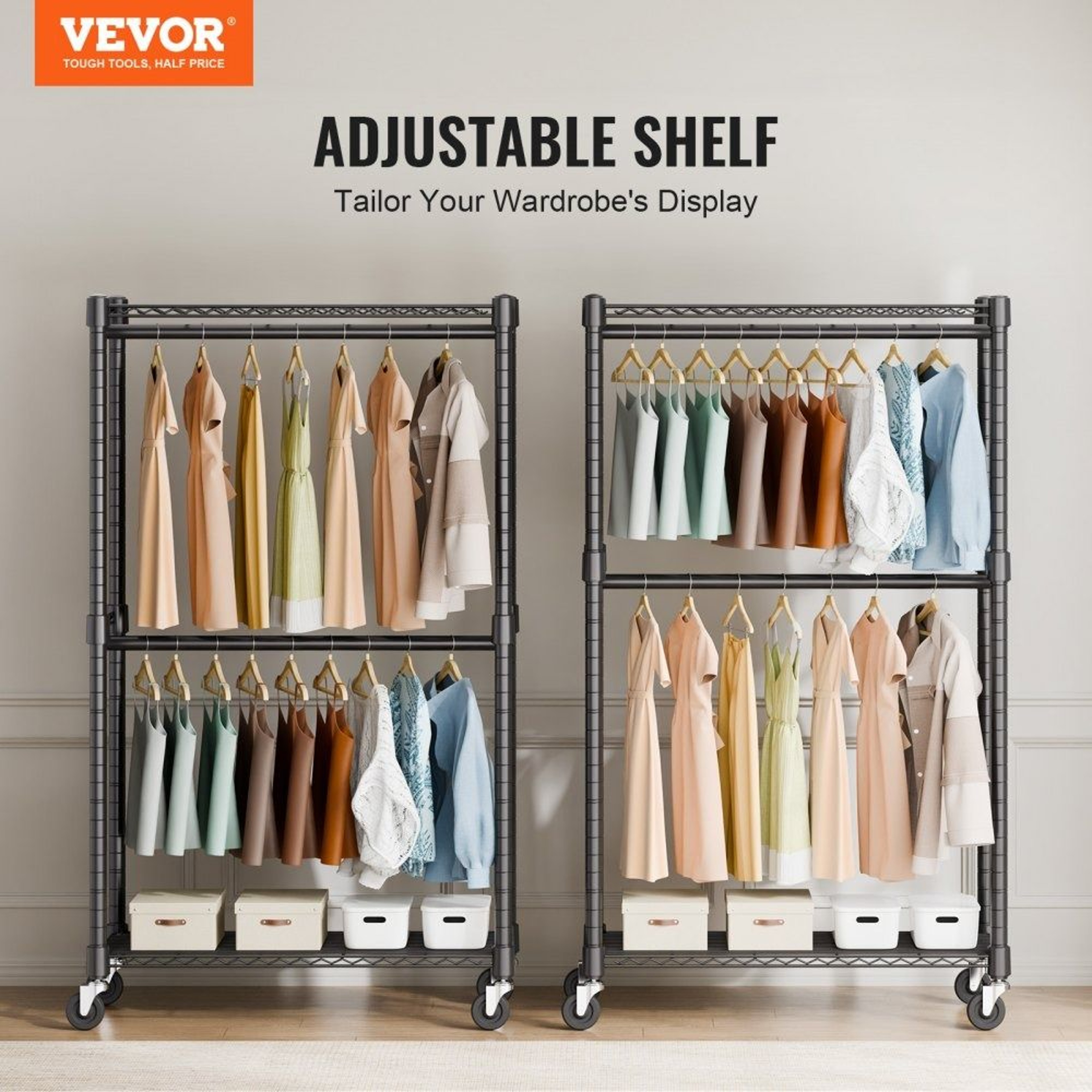 Heavy Duty Clothes Rack With Double Rods Shelves And Wheels 300 Lb Capacity 3