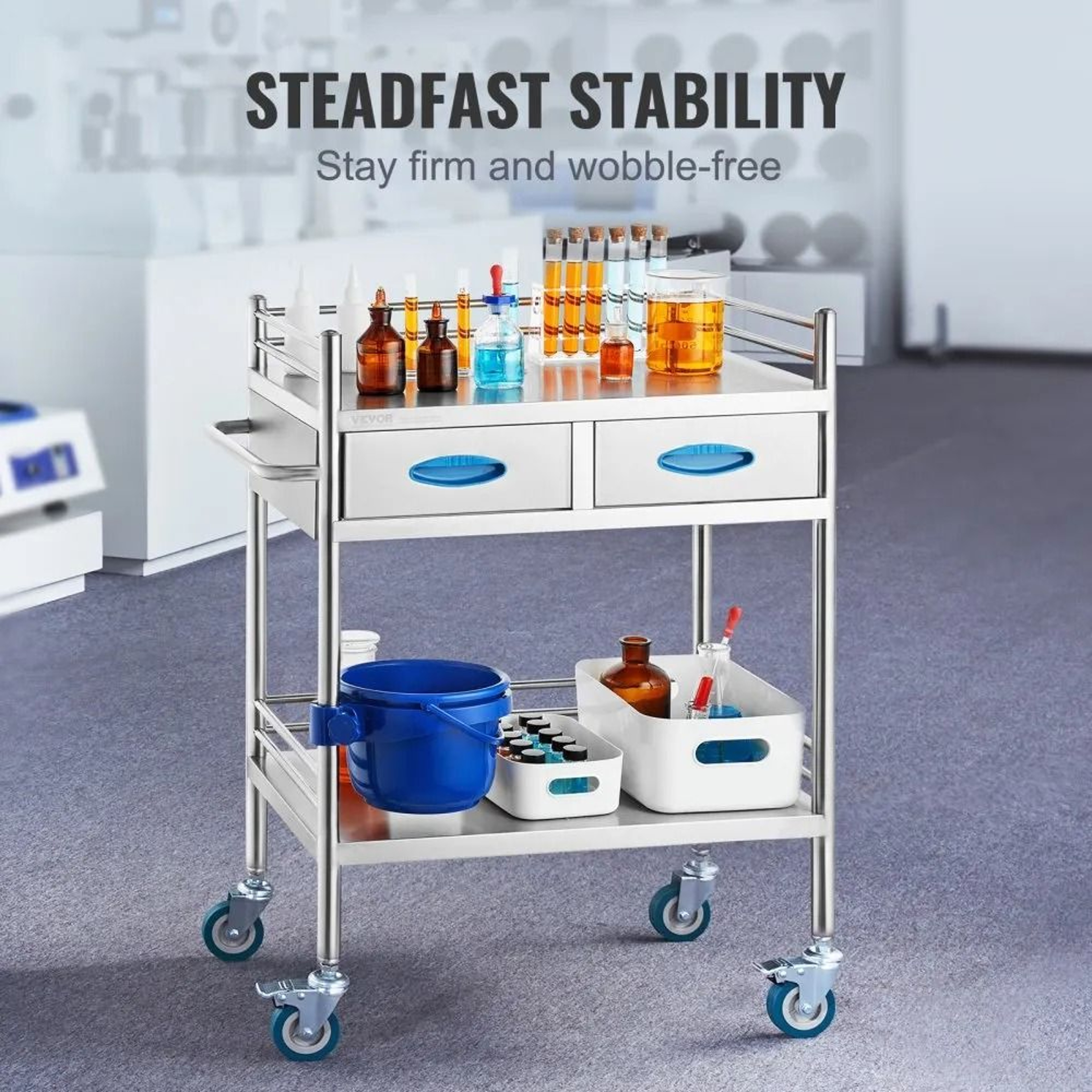 2 Tier Stainless Steel Utility Cart With Drawers And Lockable Wheels For Lab Medical Dental Use 1
