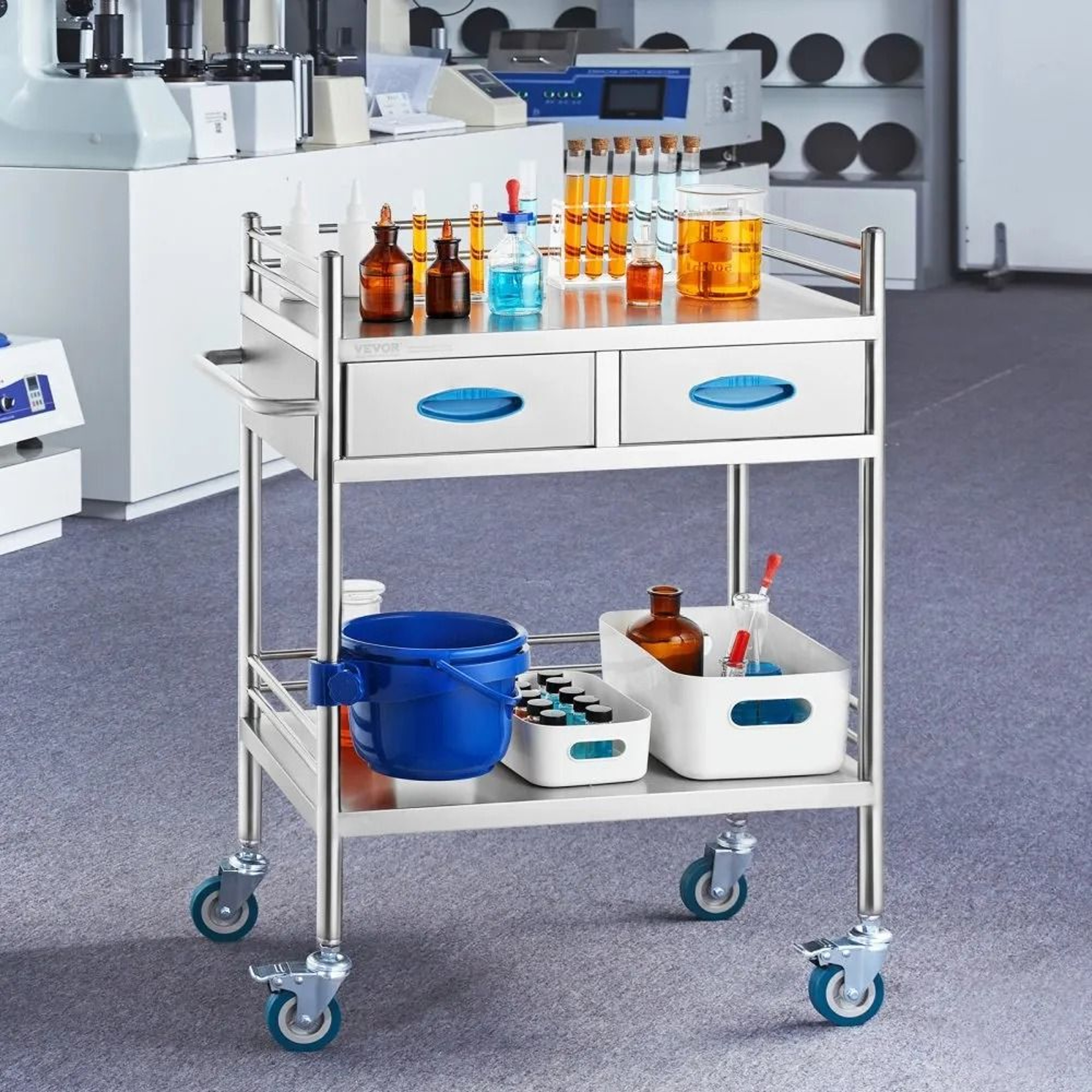 2 Tier Stainless Steel Utility Cart With Drawers And Lockable Wheels For Lab Medical Dental Use 6