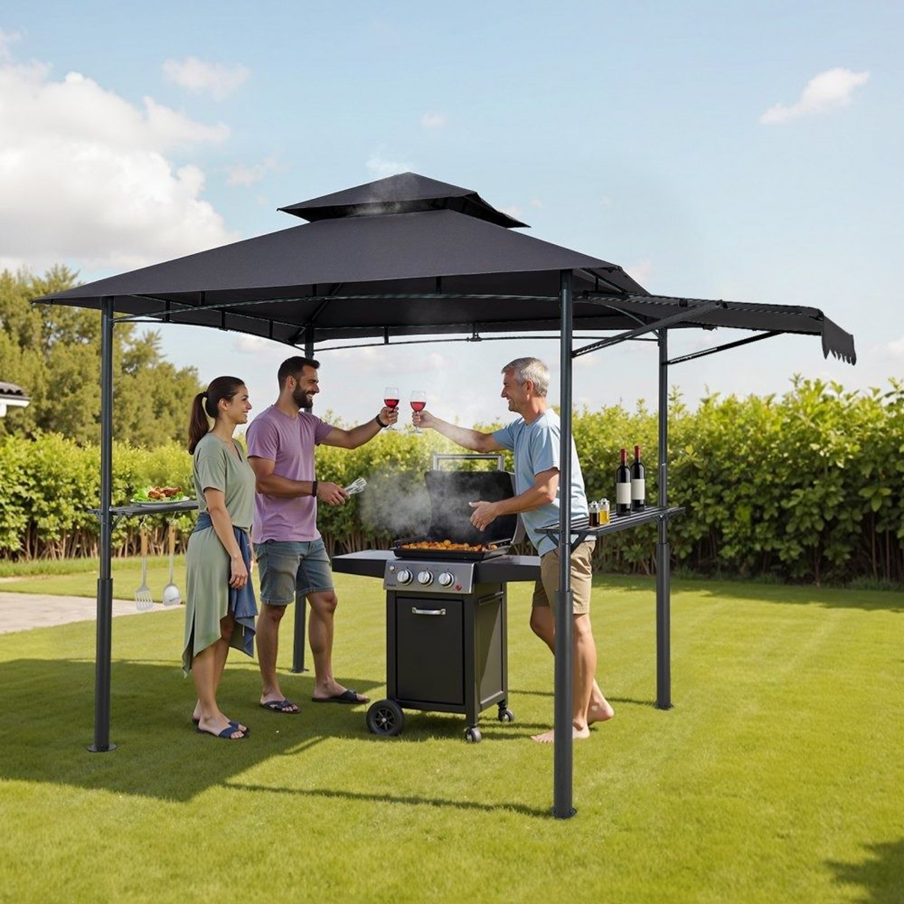 8x5 Grill Gazebo With Double Tier Canopy Side Awnings Shelves And Hooks 5