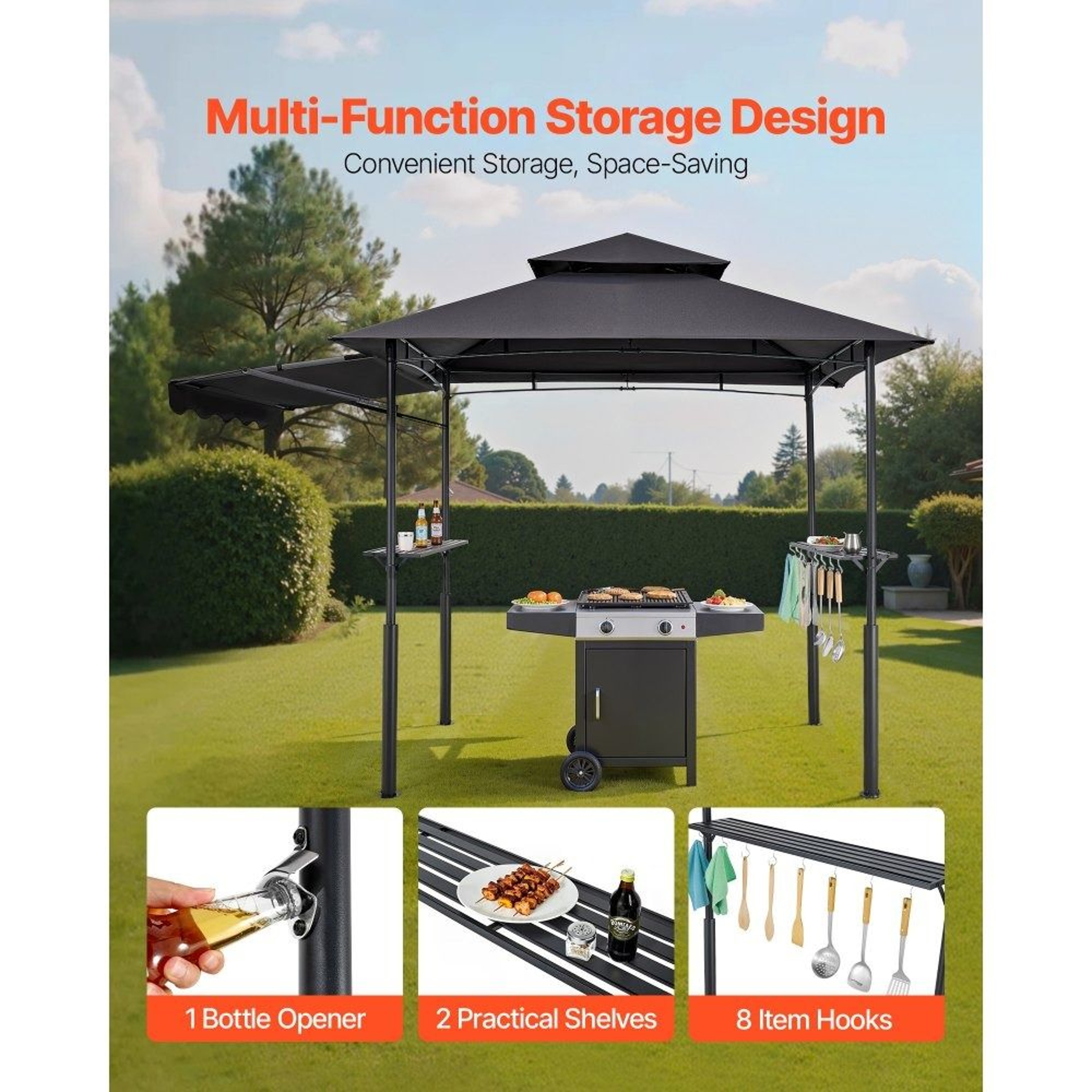 8x5 Grill Gazebo With Double Tier Canopy Side Awnings Shelves And Hooks 2