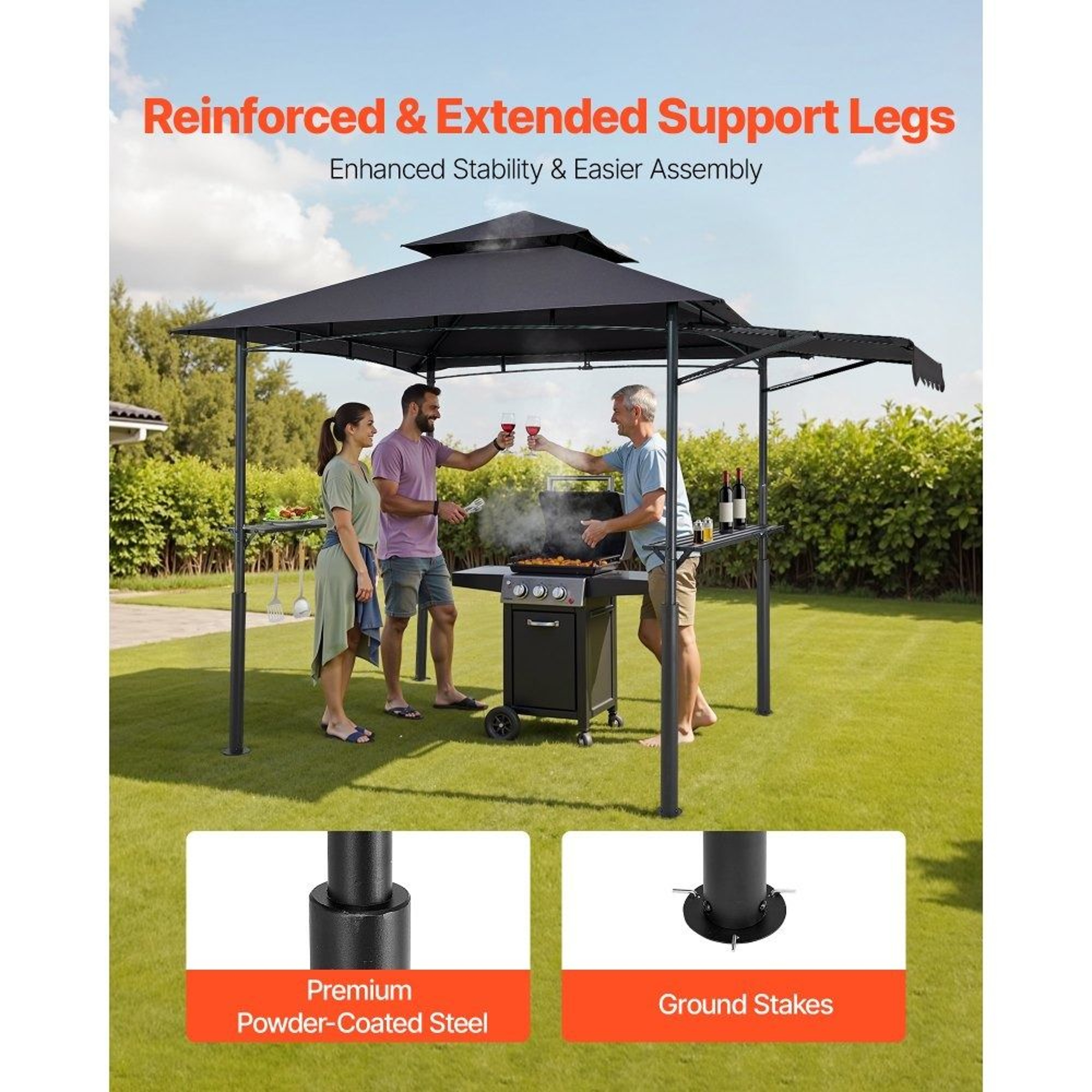 8x5 Grill Gazebo With Double Tier Canopy Side Awnings Shelves And Hooks 3