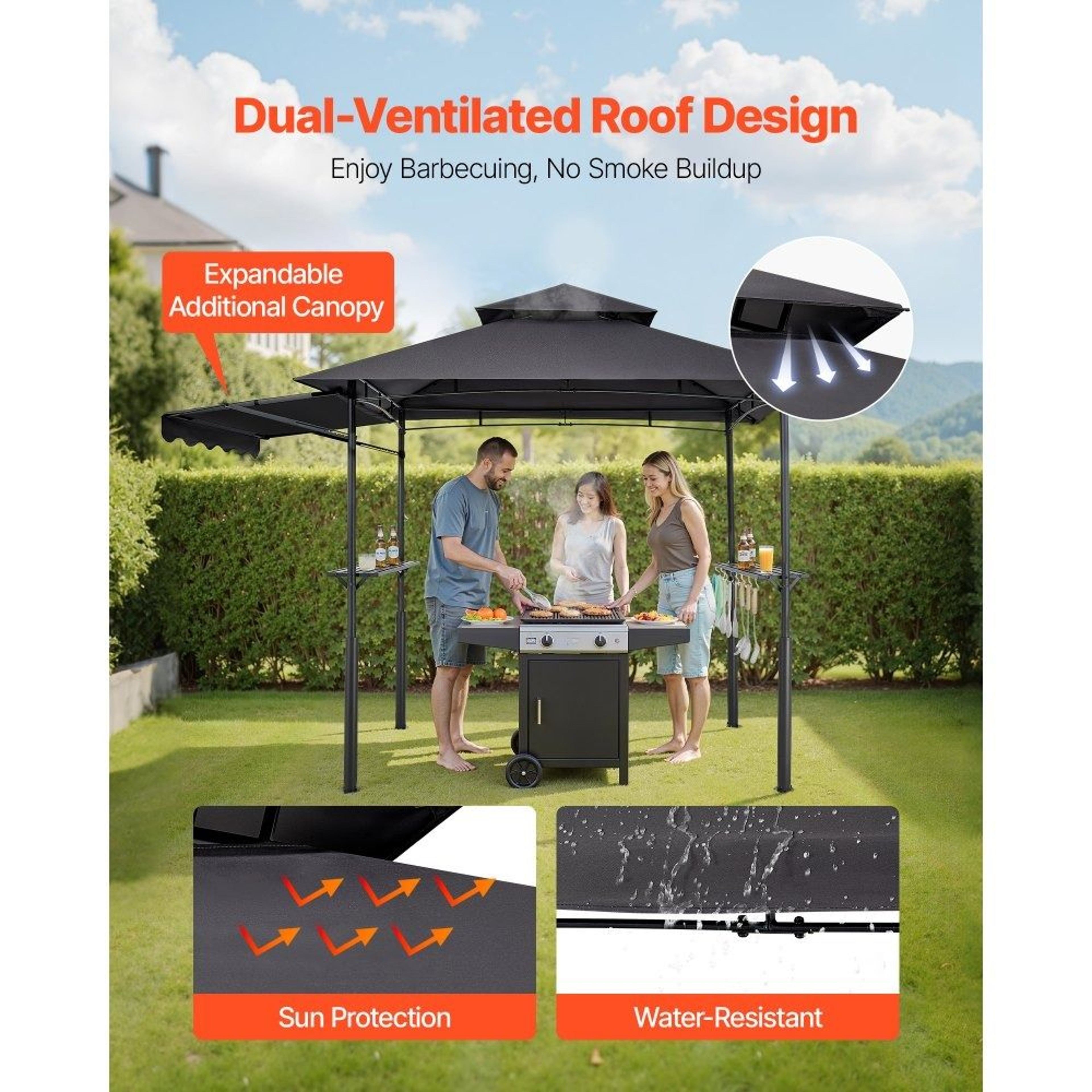 8x5 Grill Gazebo With Double Tier Canopy Side Awnings Shelves And Hooks 4