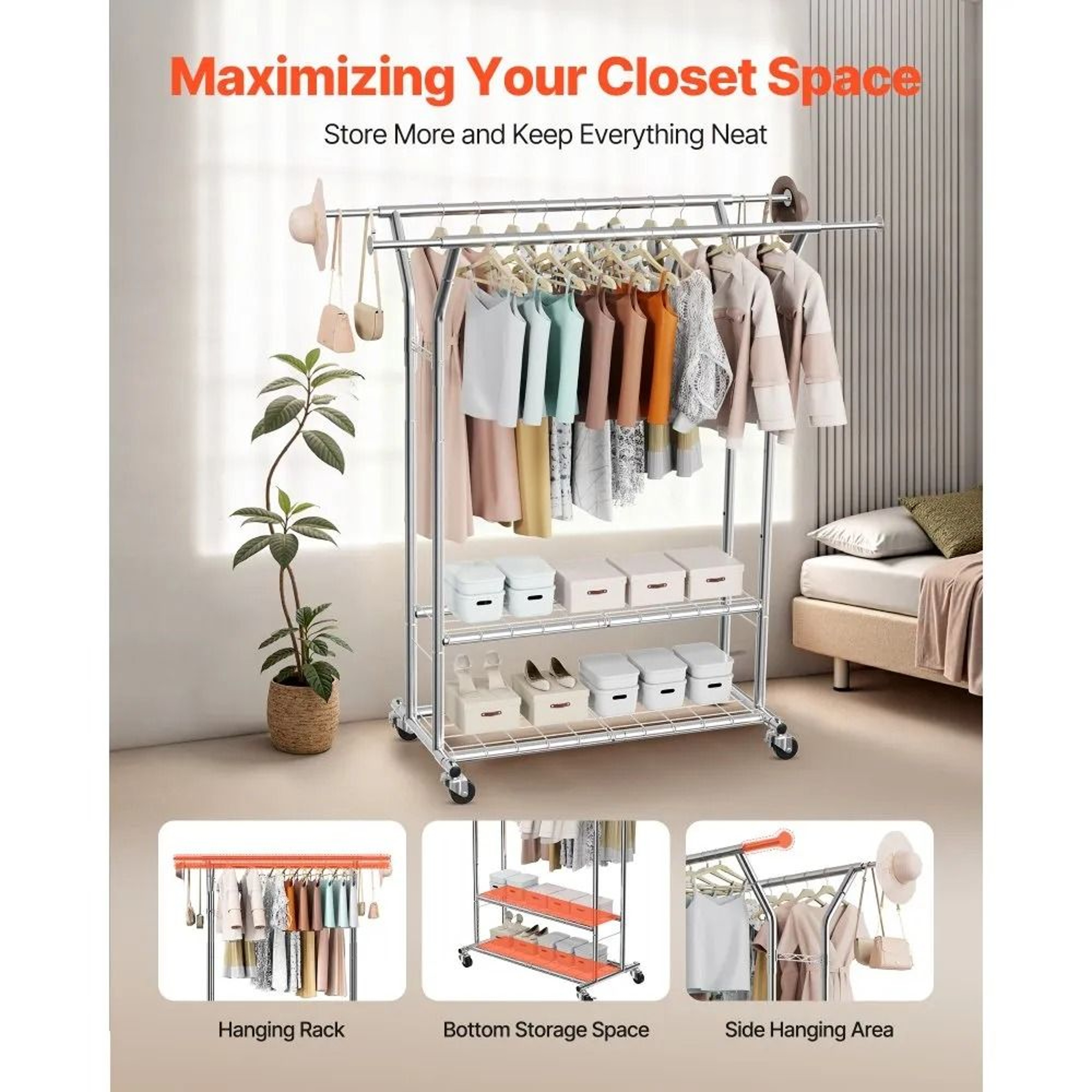 Rolling Clothes Rack With Storage Shelves Heavy Duty Garment Rack 6