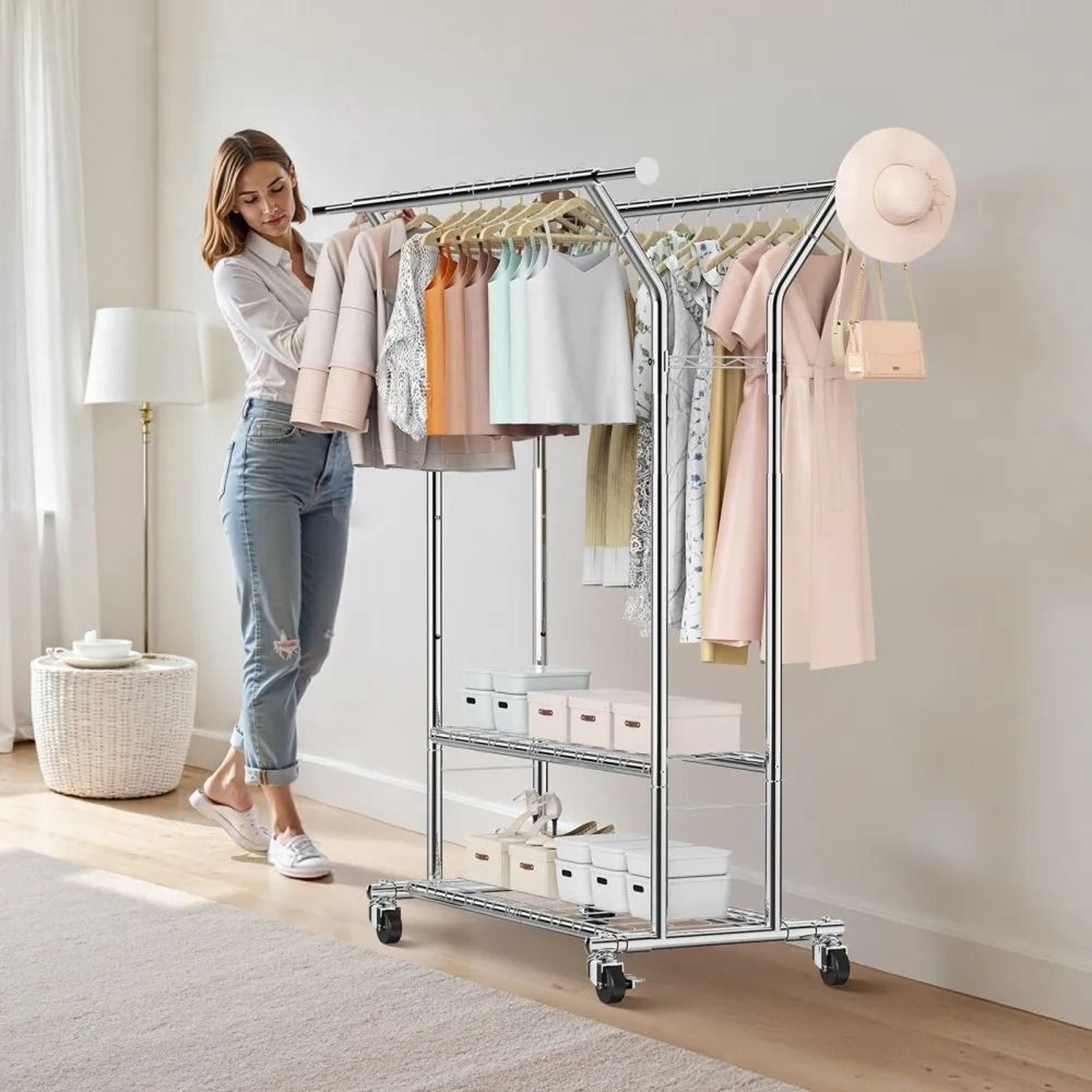 Rolling Clothes Rack With Storage Shelves Heavy Duty Garment Rack 10