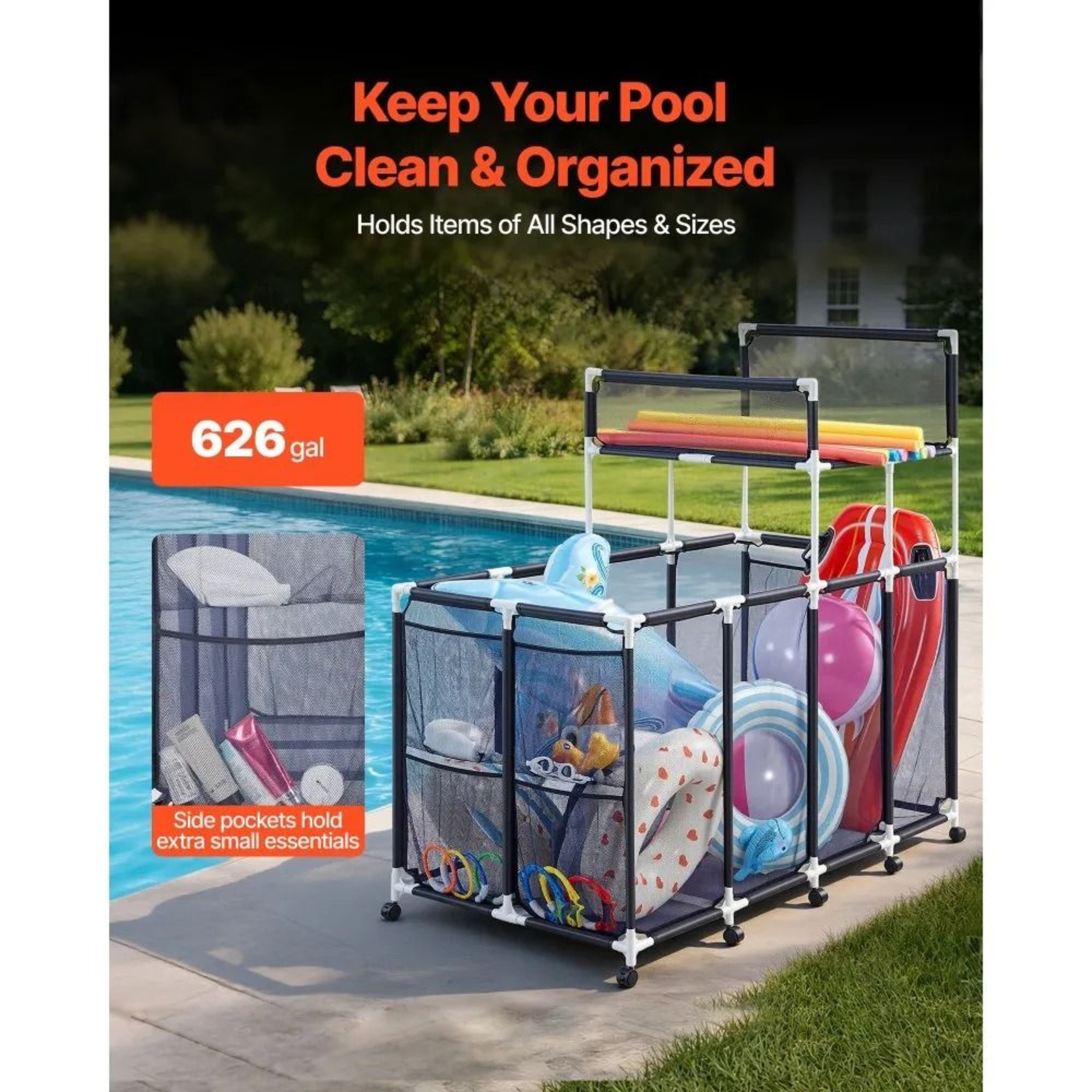 Pool Storage Bin Rolling Float Organizer With Noodle Rack And Mesh Basket 1