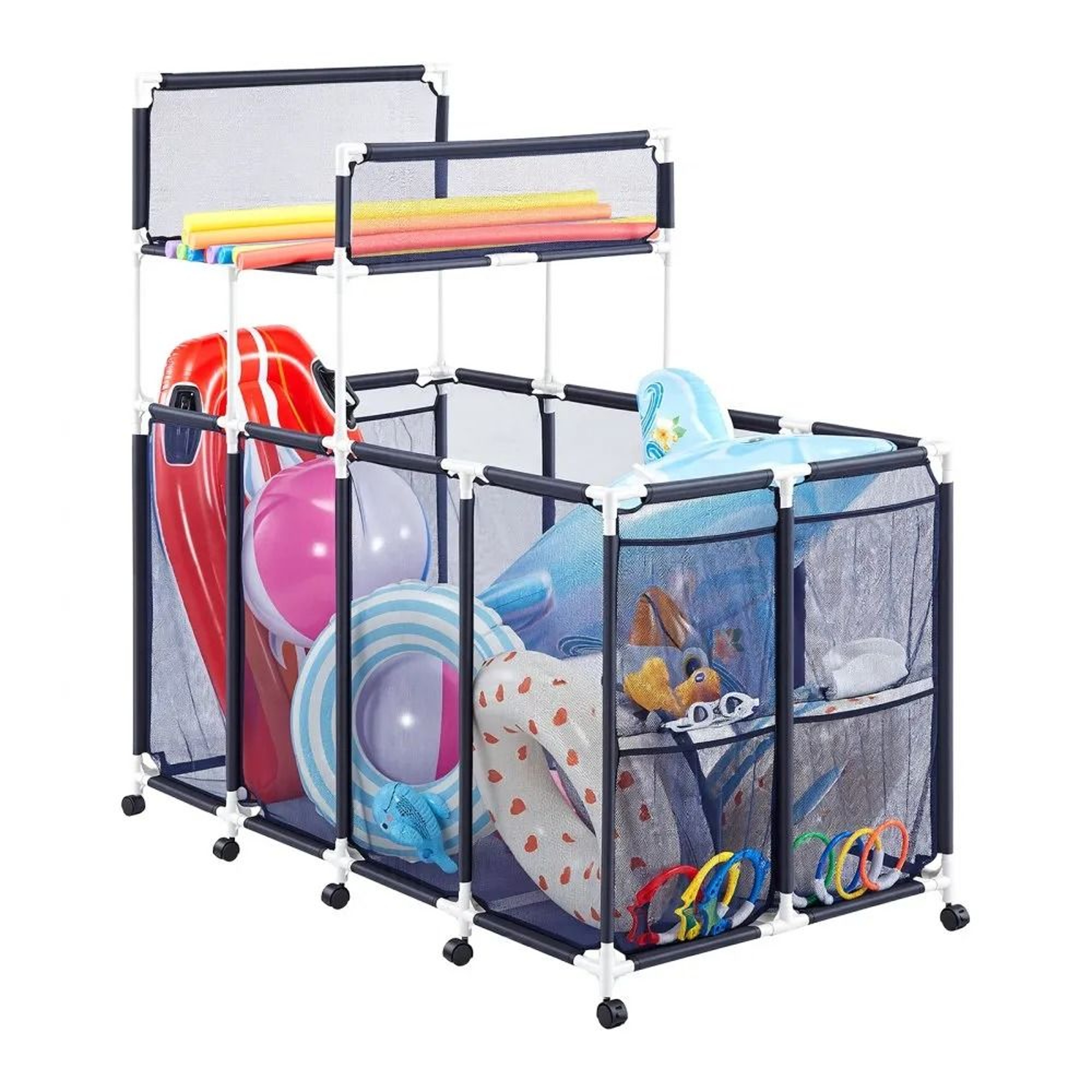 Pool Storage Bin Rolling Float Organizer With Noodle Rack And Mesh Basket 0