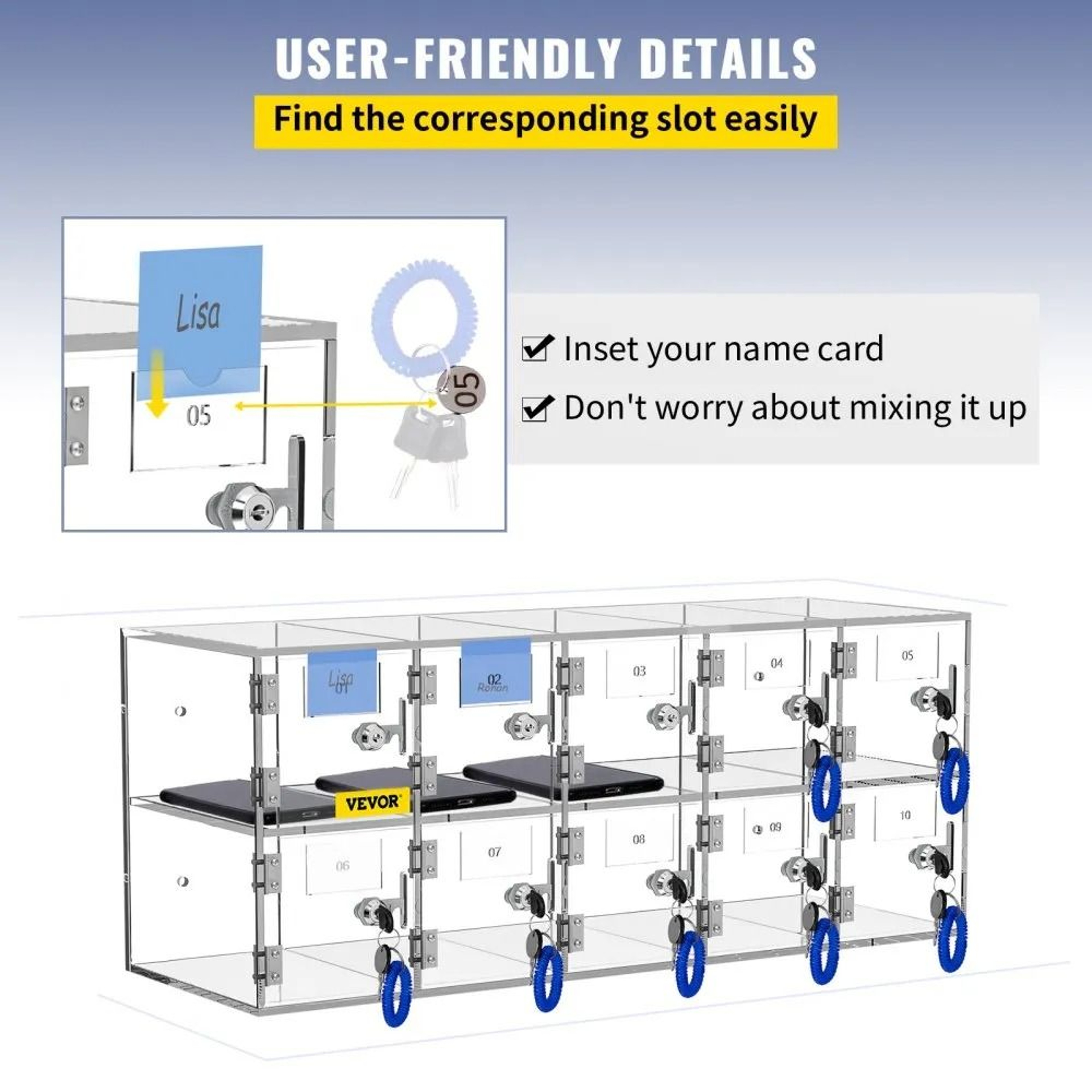 10 Slot Acrylic Cell Phone Locker With Locks Keys And Wall Mount Design 3