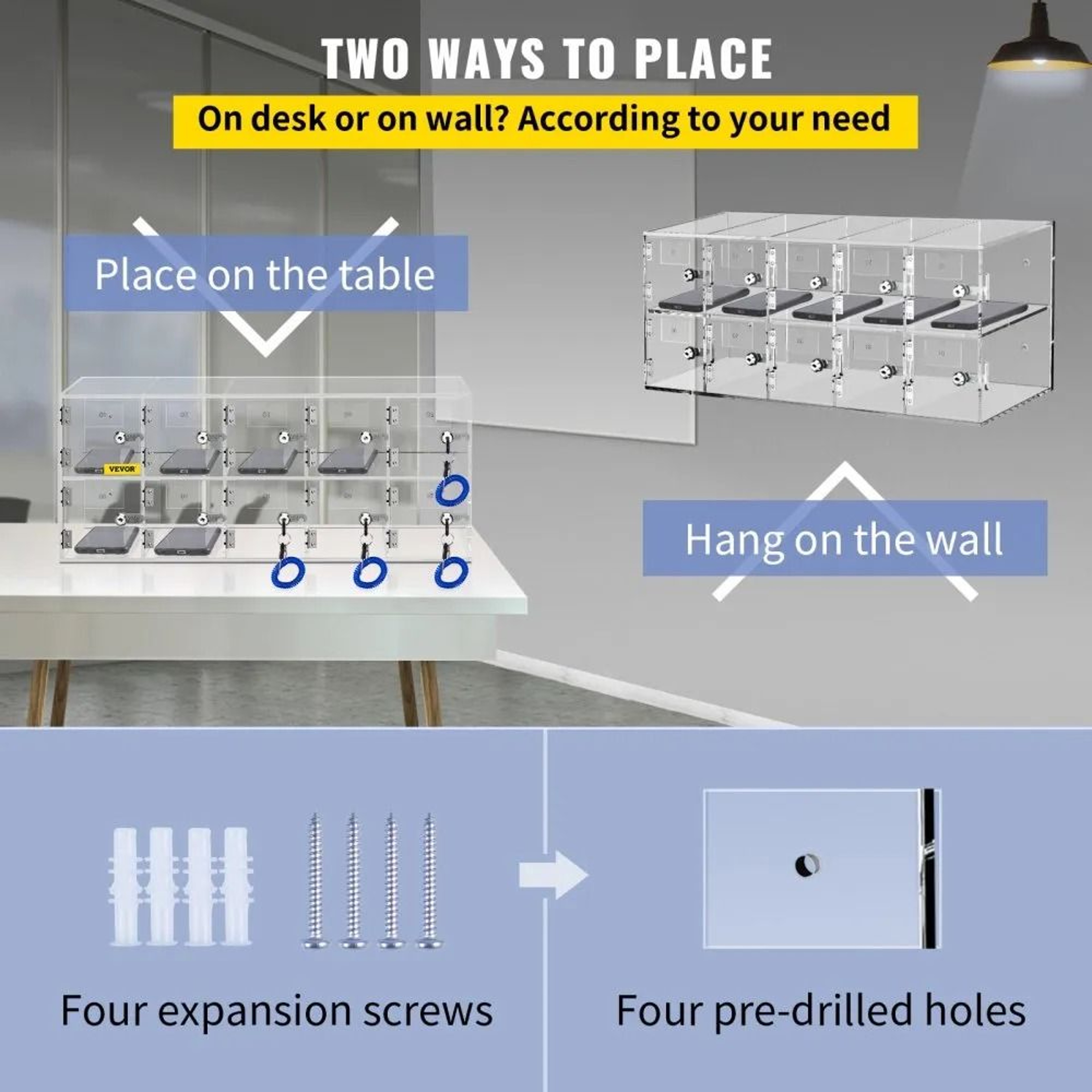 10 Slot Acrylic Cell Phone Locker With Locks Keys And Wall Mount Design 4