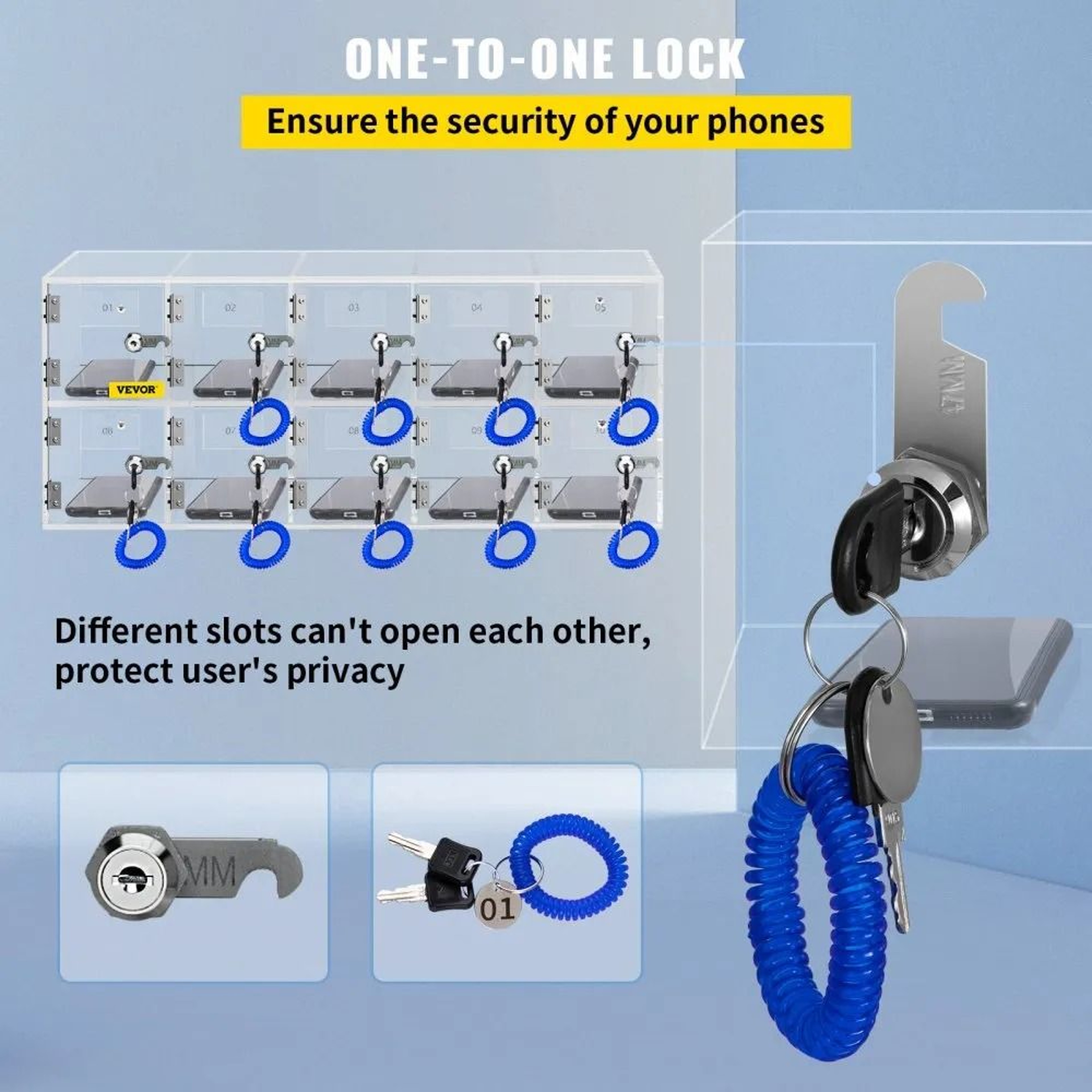 10 Slot Acrylic Cell Phone Locker With Locks Keys And Wall Mount Design 2
