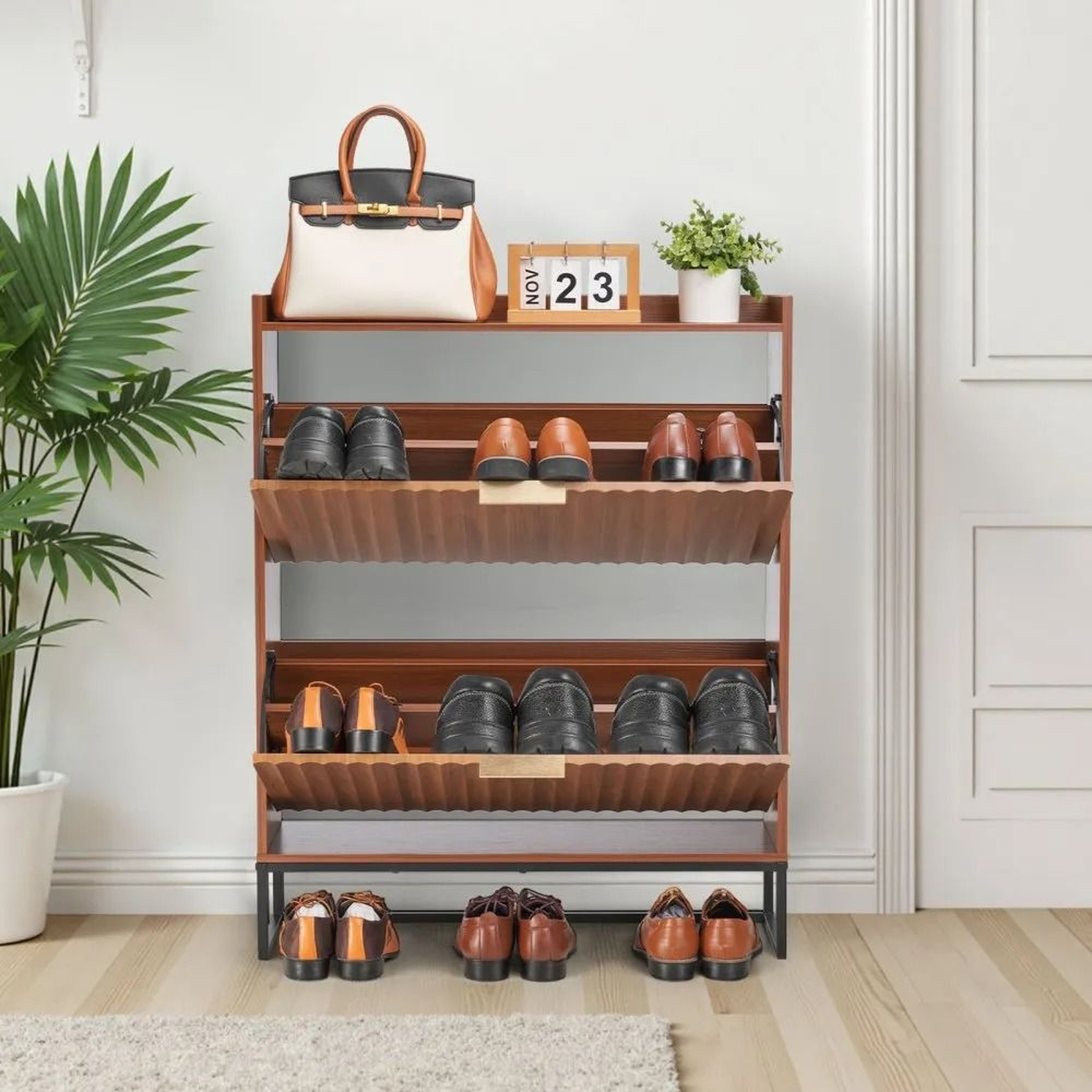 Mid Century Shoe Cabinet With 2 Flip Drawers Narrow Shoe Storage Organizer 6