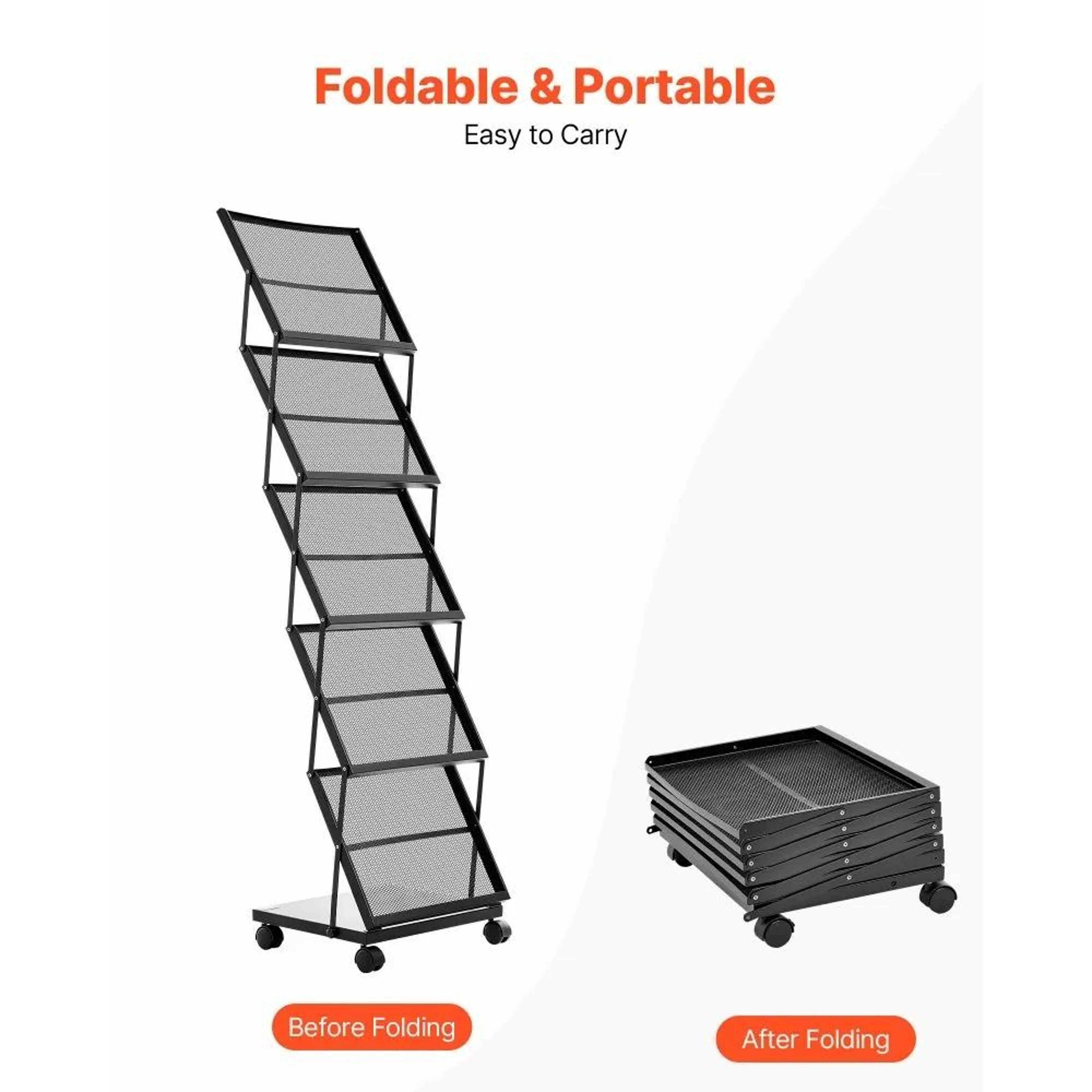 Brochure Display Rack Foldable 5 Pocket Magazine Display Stand With Wheels 5