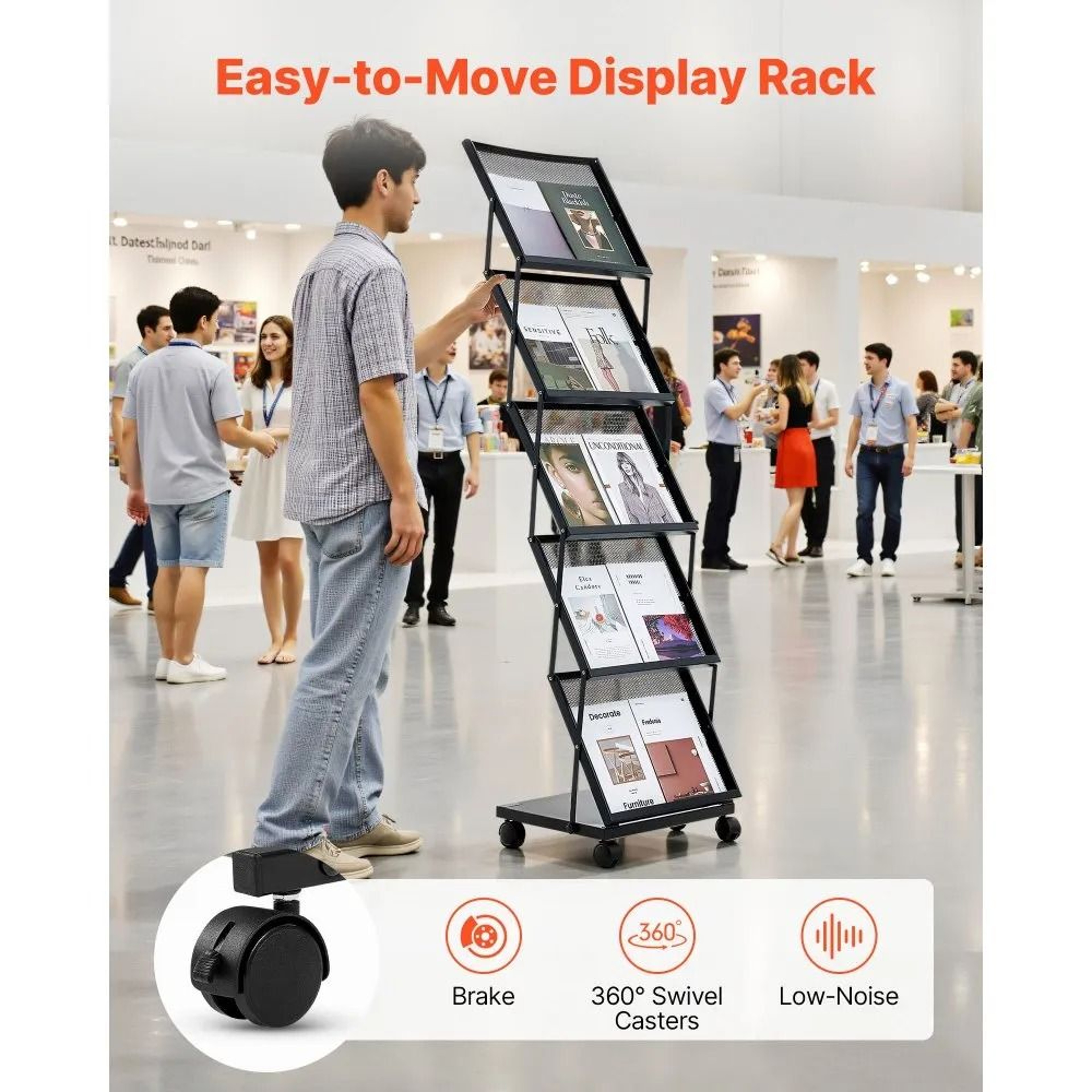 Brochure Display Rack Foldable 5 Pocket Magazine Display Stand With Wheels 1