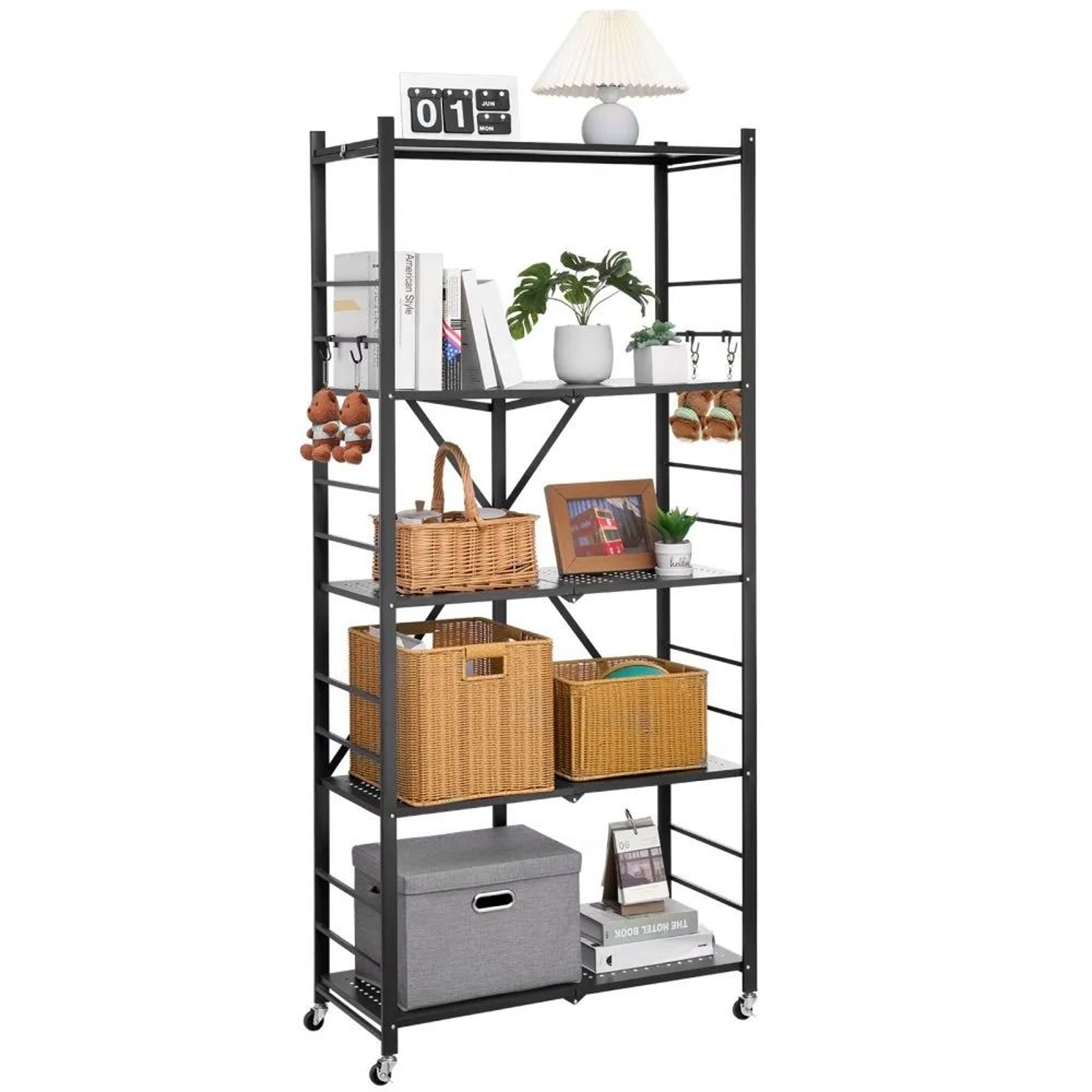 5 Tier Foldable Storage Shelf With Wheels Heavy Duty Metal Rack Organizer 7